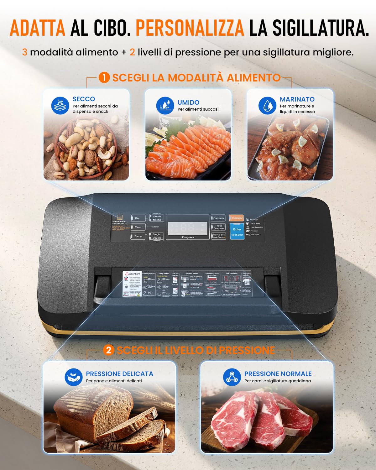 Macchina Sottovuoto Alimenti Professionale 95 kPa, Macchina per Sottovuoto per Alimenti 18 in 1, Sigillatrice Sottovuoto, Doppia Sigillatura, Taglierina e Vano Porta Rotolo, Sous Vide
