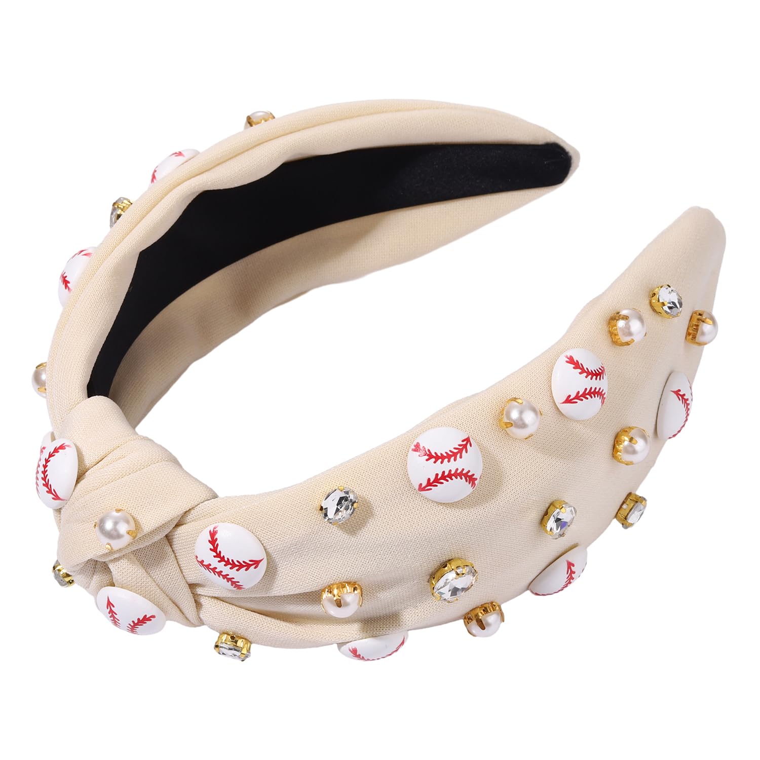 Baseball Headband for Women Crystal Pearl Knotted Headband Baseball Charms Rhinestone Beaded Embellished Headbands Wide Top Knot Game Day Headbands Accessories Sports Fan Gifts (Beige) - Image 4