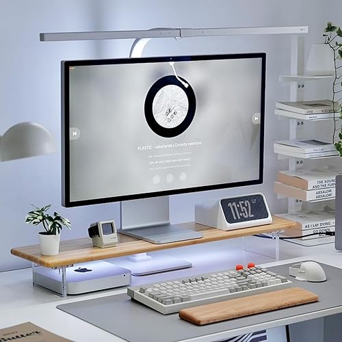 Miniatura 1 de Soporte elevador de bambú para monitor con luces RGB, estante de escritorio de 31.5 pulgadas con patas acrílicas para escritorio, monitor de