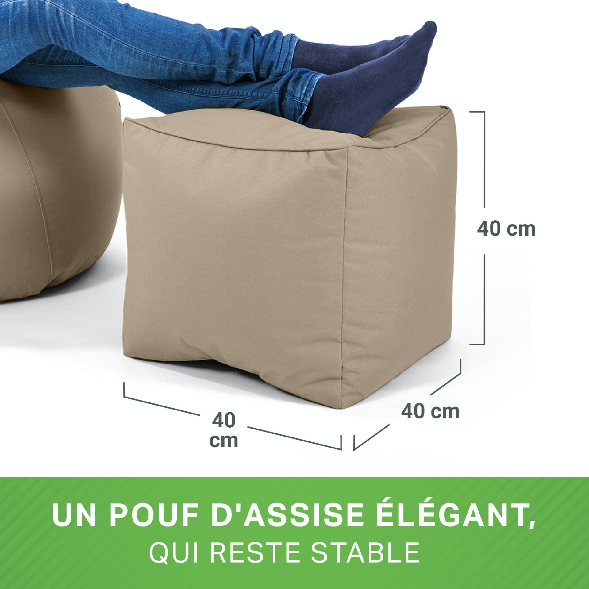Green Bean© Pouf d'Extérieur-Tabouret 40x40x40cm avec Remplissage de Perles EPS - Extension & Add-on pour Poufs Coussin Pieds Sol Siège Enfants & Adultes Repose-Pieds Taupe