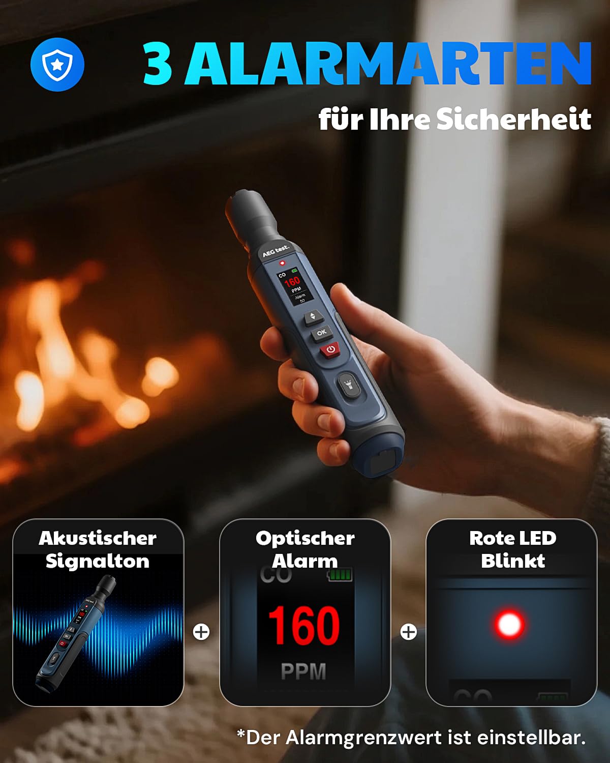 AGT-2459 Tragbarer Kohlenmonoxid-Detektor, wiederaufladbar, 0~1000PPM, mit akustischem und visuellem Alarm, TFT-Farbdisplay – für Zuhause, Reisen, Industrie und Mobile Einsätze – Blau