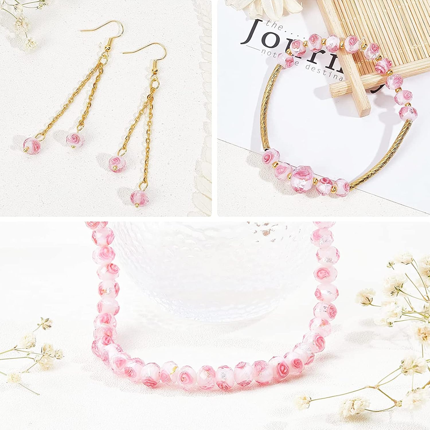 PH PandaHall 70pcs 6~8mm Rose Lampwork Beads Silver Foil Glass Beads Flower Glass Beads Floral Handmade Lampwork Beads Round Loose Beads for Rosary Making Jewelry Craft Making 2mm Hole - Sliver Pink - Image 6