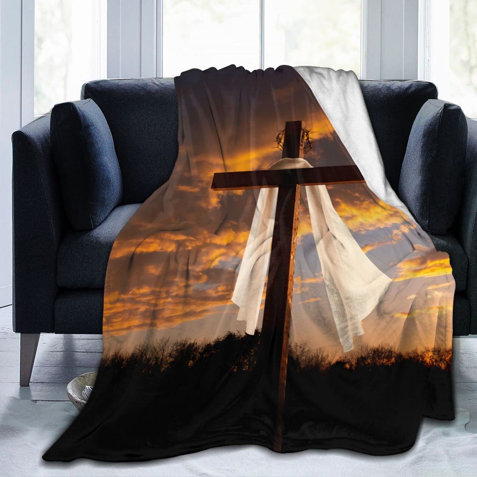 Lsjuee Easter Cross Throw Blanket Warm Cozy Lightweight Blankets Easter Gift Flannel Blanket for Sofa Couch Bed Office Holiday Decorative 50"X40"