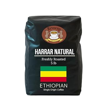Revocup Ethiopian Harrar Whole Bean Coffee 5Lb Single Origin, Natural Process, Specialty Grade Medium Roast, Mocha & Chocolate Flavors, USDA Certified Organic Gourmet Beans Brews 133+ Cups @ 9oz