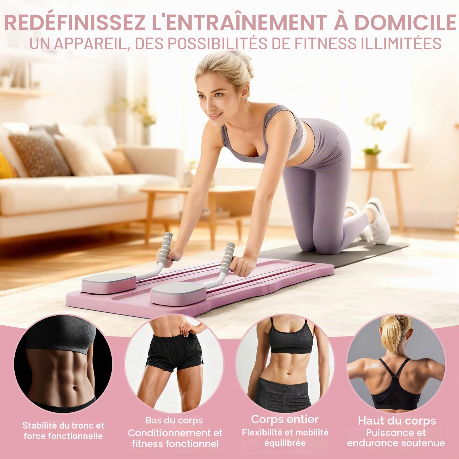 Roadtime Reformateur Pilates 6 en 1 Amélioré Pliable Ensemble Compact de Plateau Pilates pour la Protection des Genoux et Entraîneur Abdominal Multifonctionnel, Planche Abdominale avec Rebond Rose