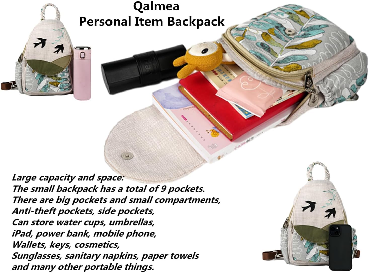 Boho Cotton Linen Backpack Multi-Pocket, Convertible, Ideal Gift for Women, Girls, and College Students Bee - Image 6