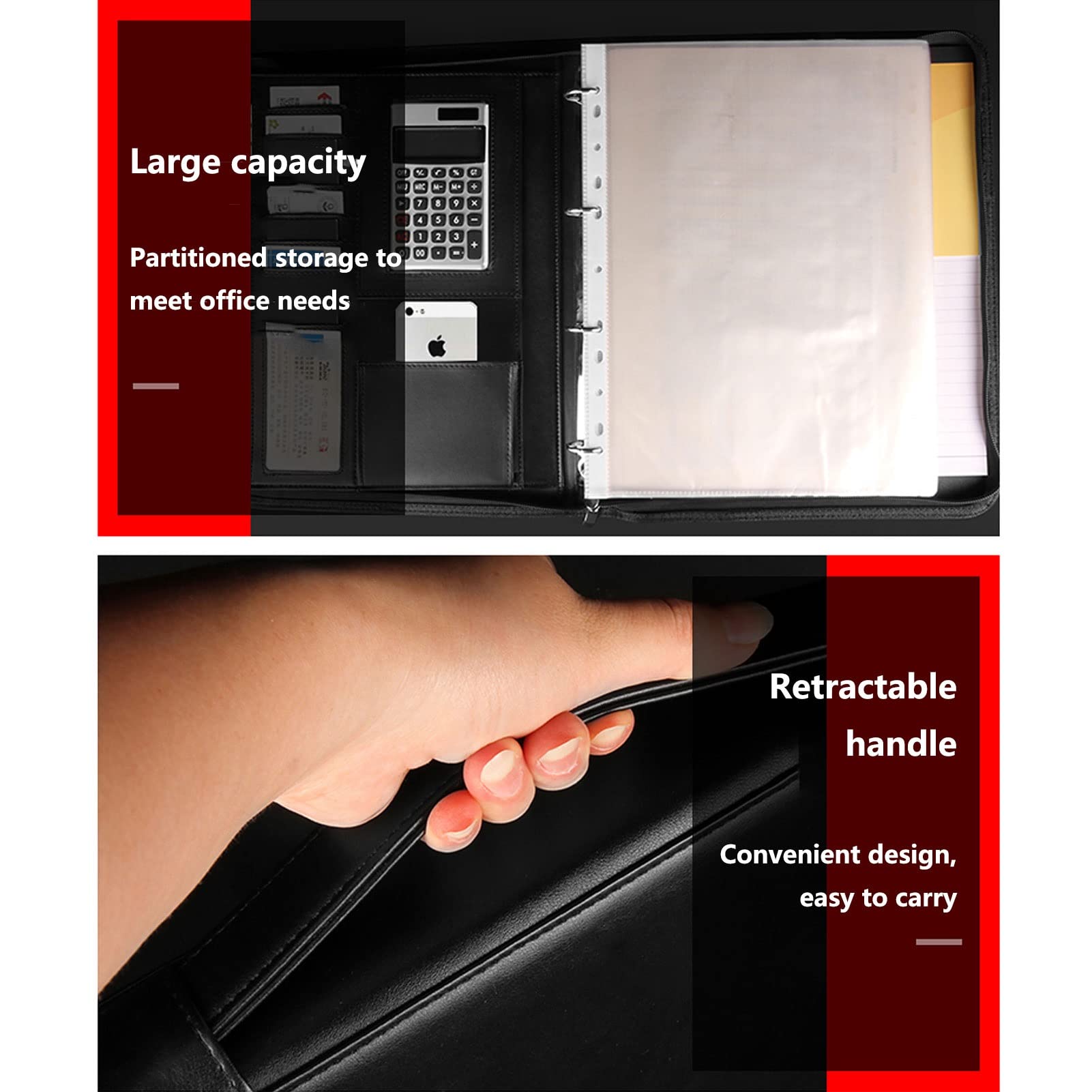Padfolio A4 Biznesowe Portfolio Wielofunkcyjny Notatnik Skórzany Zamek Segregator Konferencyjny Teczka na dokumenty Profesjonalny Planer Dokumentów Osobisty Organizator dla Mężczyzn Kobiet (Kolor: Czarny)