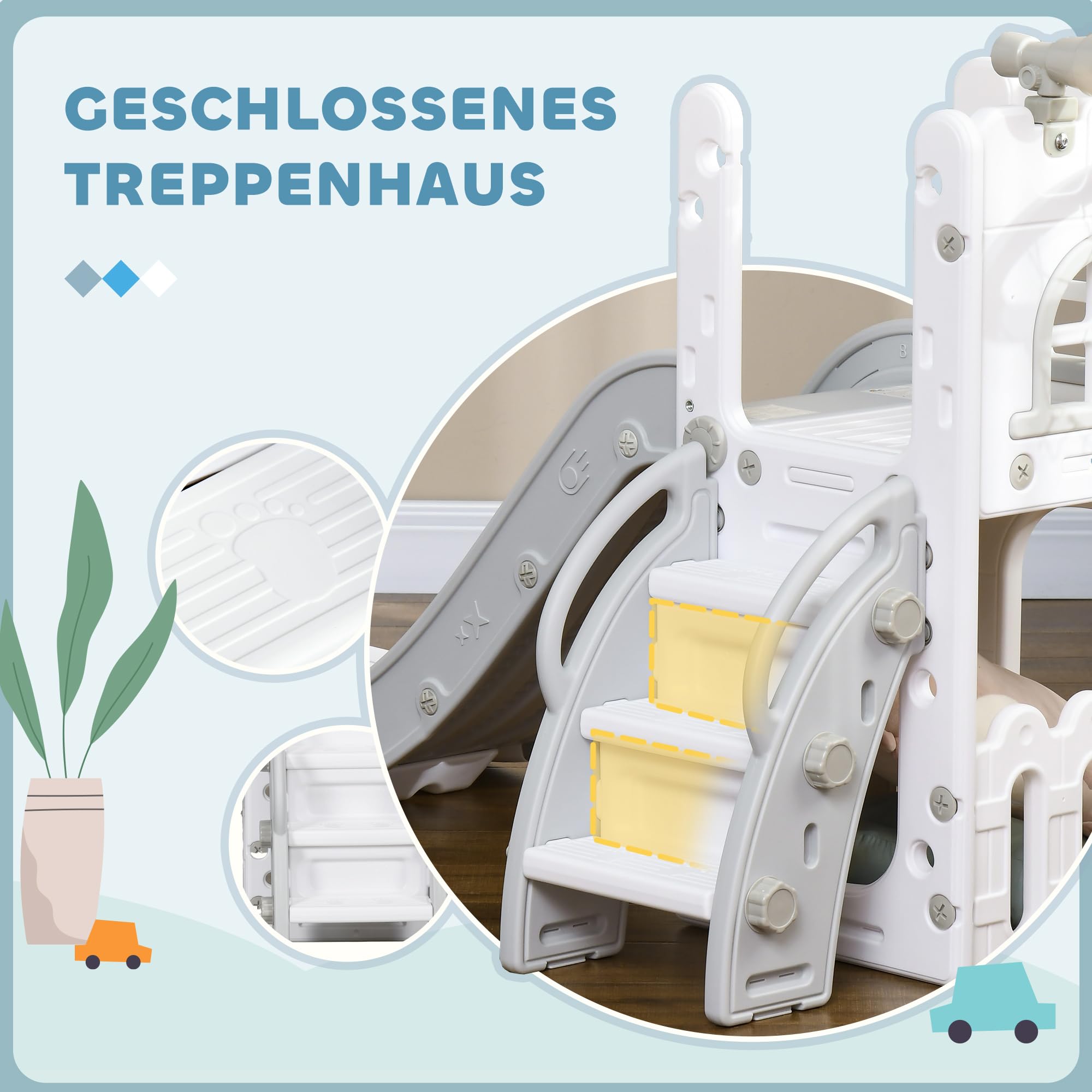 AIYAPLAY Kinderrutsche, 5 in 1, Kleinkinderrutsche mit Basketballkorb, Teleskop Klettergerüst, Aufbewahrungskorb Rutsche mit Basketball für Kinder 1-3 Jahre, Indoor, Grau 70 x 177 x 92 cm