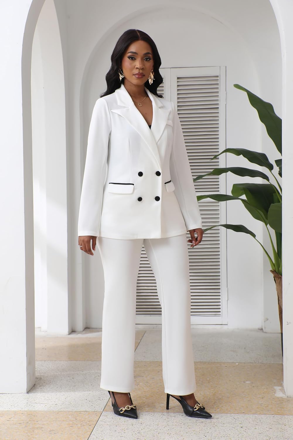 Ophestin Women 2 Piece Pant Suits Set Long Sleeve Striped Color Jackets Blazer Business Casual Dressy Work Office Outfits - Image 3