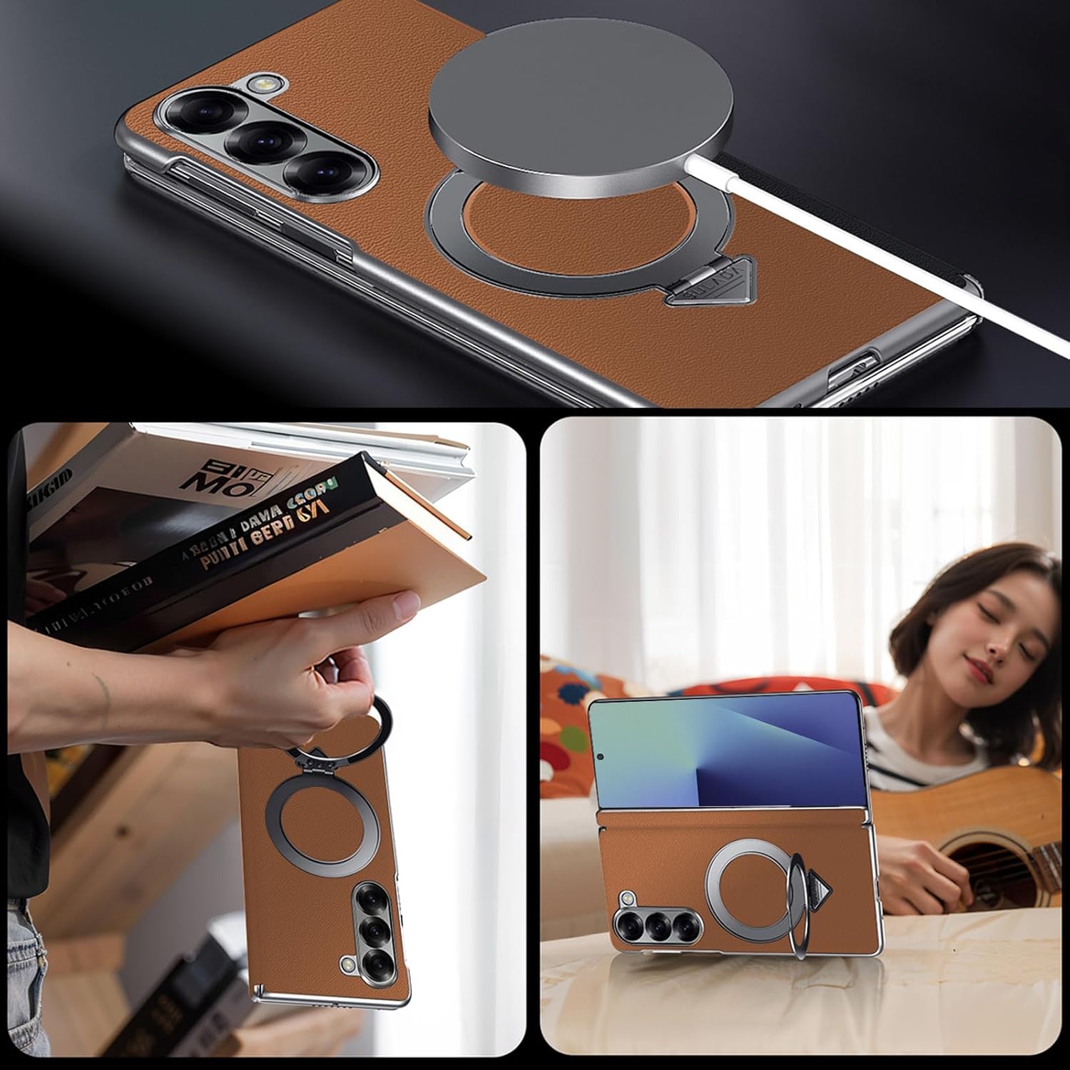 for Samsung Galaxy Z Fold 7 Case with Ring Stand, [ONLY Back Case] Genuine Leather Magnetic Case Compatible Magnetic Accessorie Hinge Protector Cover Slim Leather Back Cover for Z Fold 7 Brown