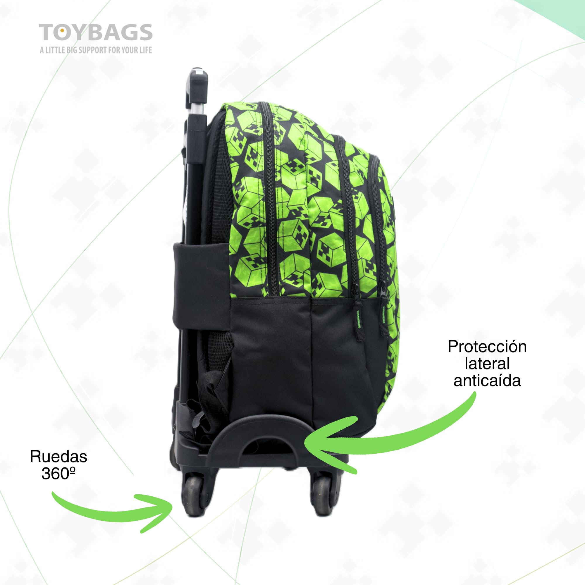 Mochila Escolar Minecraft Cubos Doble Compartimento Adaptable + CARRO NEGRO TOYBAGS CON PROTECCION LATERAL Y STOPER FRONTAL ANTI CAIDA 4 ruedas giratorias - 44 X 30 X 20 CM