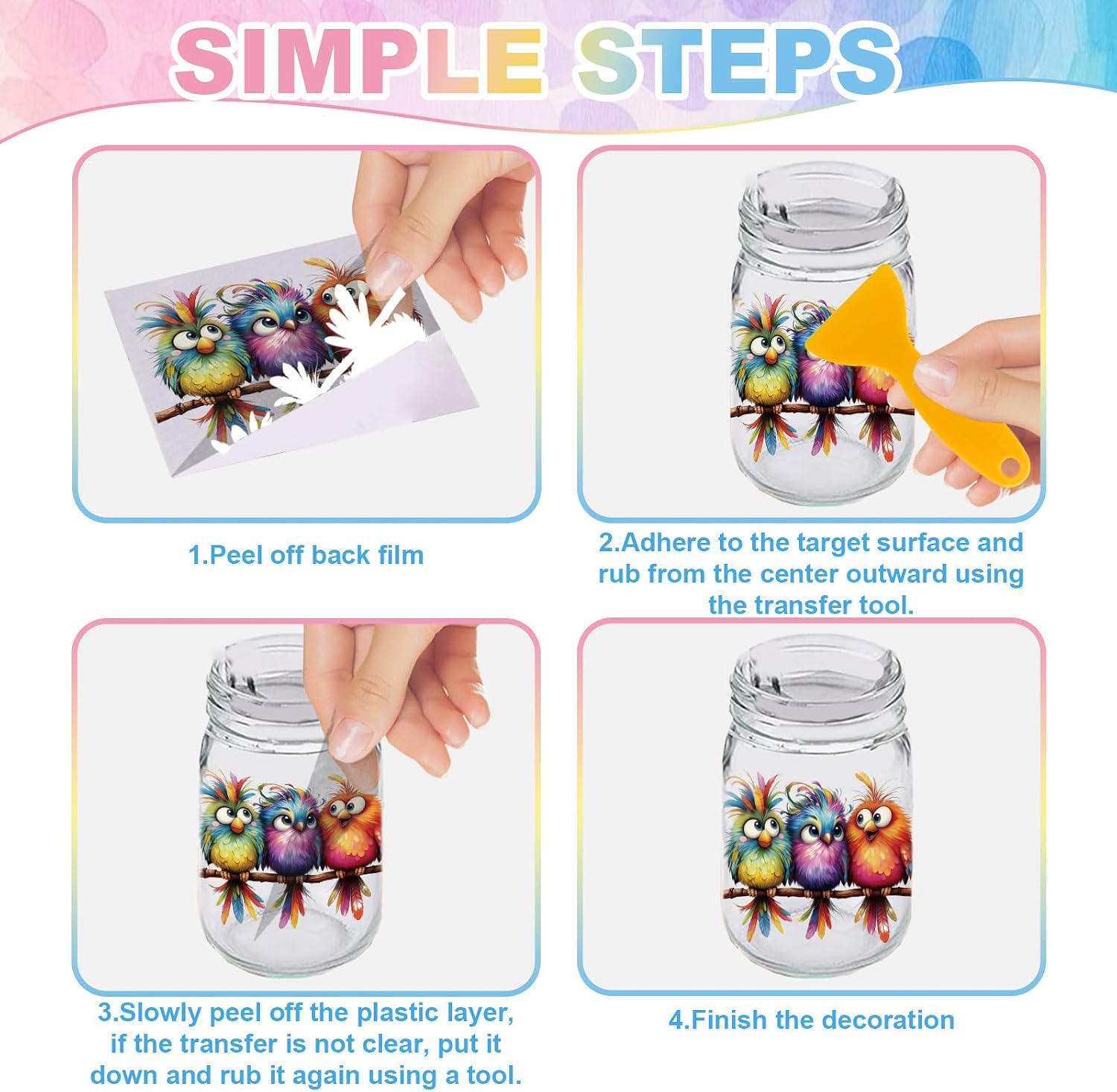 GLOBLELAND 56 Sheets Funny Cartoon Birds Rub on Transfer Stickers with Clear Storage Album 3.9x3.9 inch Colorful Spring Birds Rub on Transfer for Crafts Cup Vase Window Glass