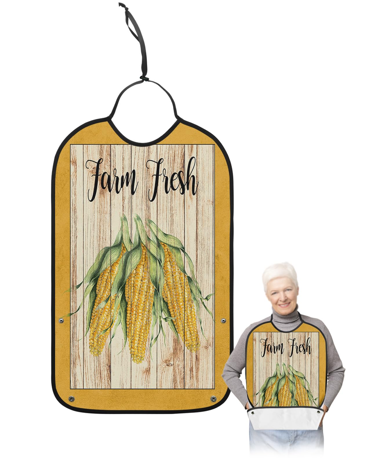 QueenKer Adult Bibs for Eating, Watercolor Farm Corn Rustic Wood Grain Waterproof Clothing Protector Washable Adult Bib with Crumb Catcher for Elderly Men and Women Seniors