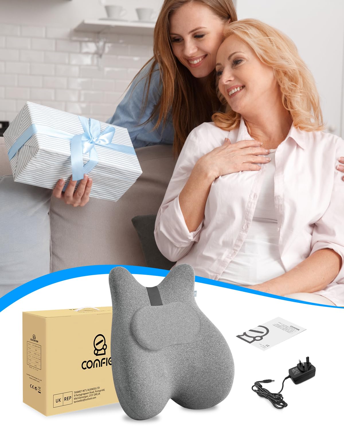 COMFIER Masajeador de espalda con calor, cojín de espuma viscoelástica con masaje Shiatsu, soporte lumbar ergonómico con calor de grafeno, masajeador de cuello, regalos para mujeres y hombres