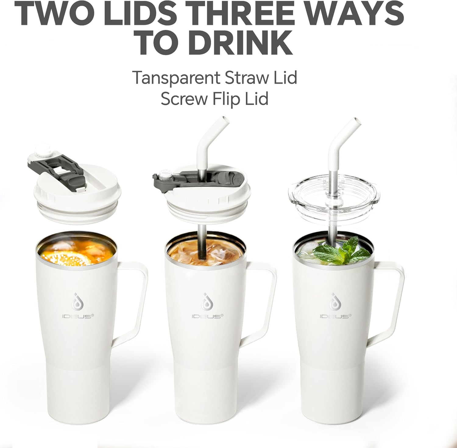 Ideus 32 oz Tumbler with Handle and Straw, Vacuum Insulated Stainless Steel Travel Mug, 100% Leakproof, Cup Holder Friendly, White - Image 4