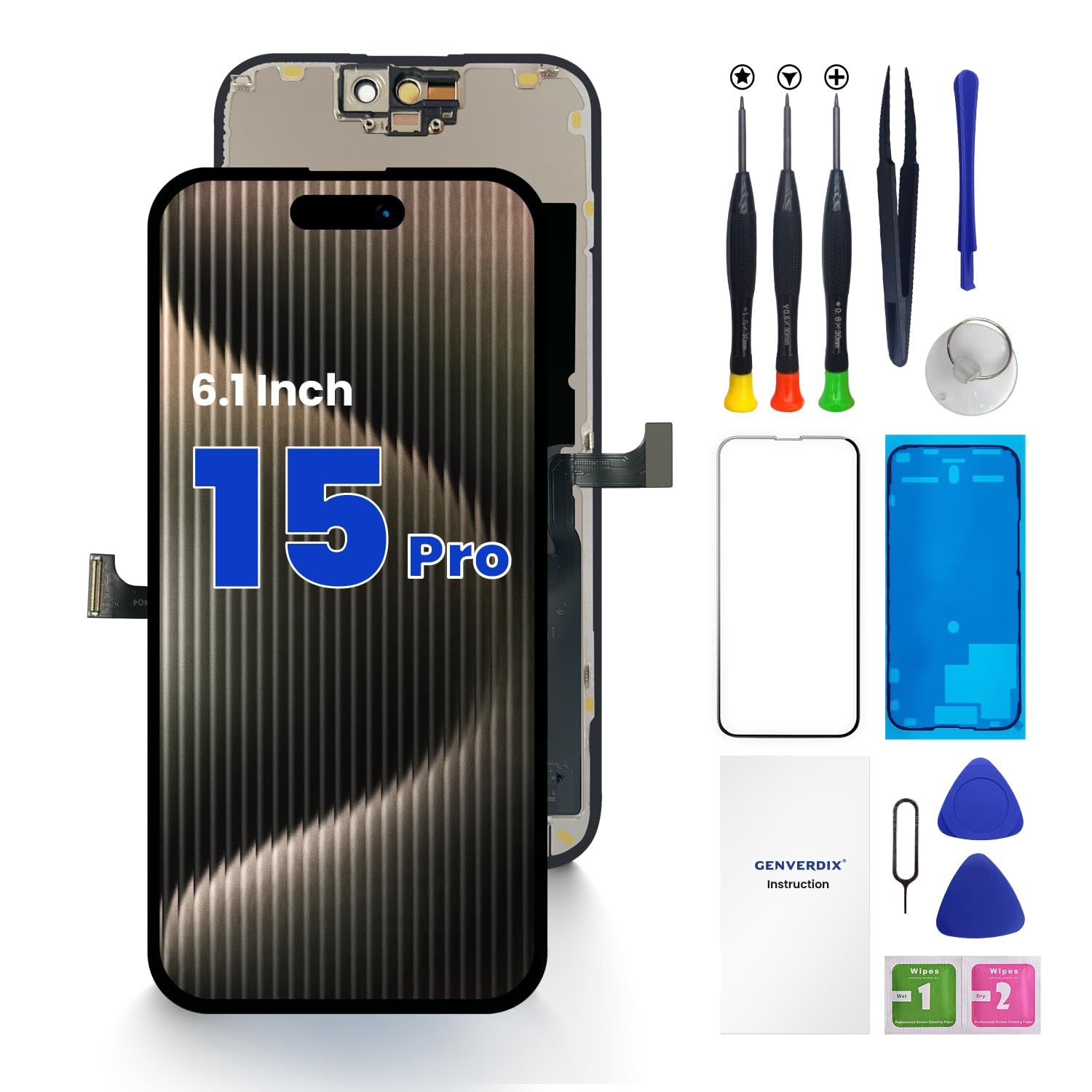 Photo 1 of Genverdix for iPhone 15 PRO Screen Replacement, 6.1 inch 3D Touch LCD Display Full HD Repair kit, Digitizer Assembly with Tools Set, Tempered Glass, Waterproof Frame Adhesive