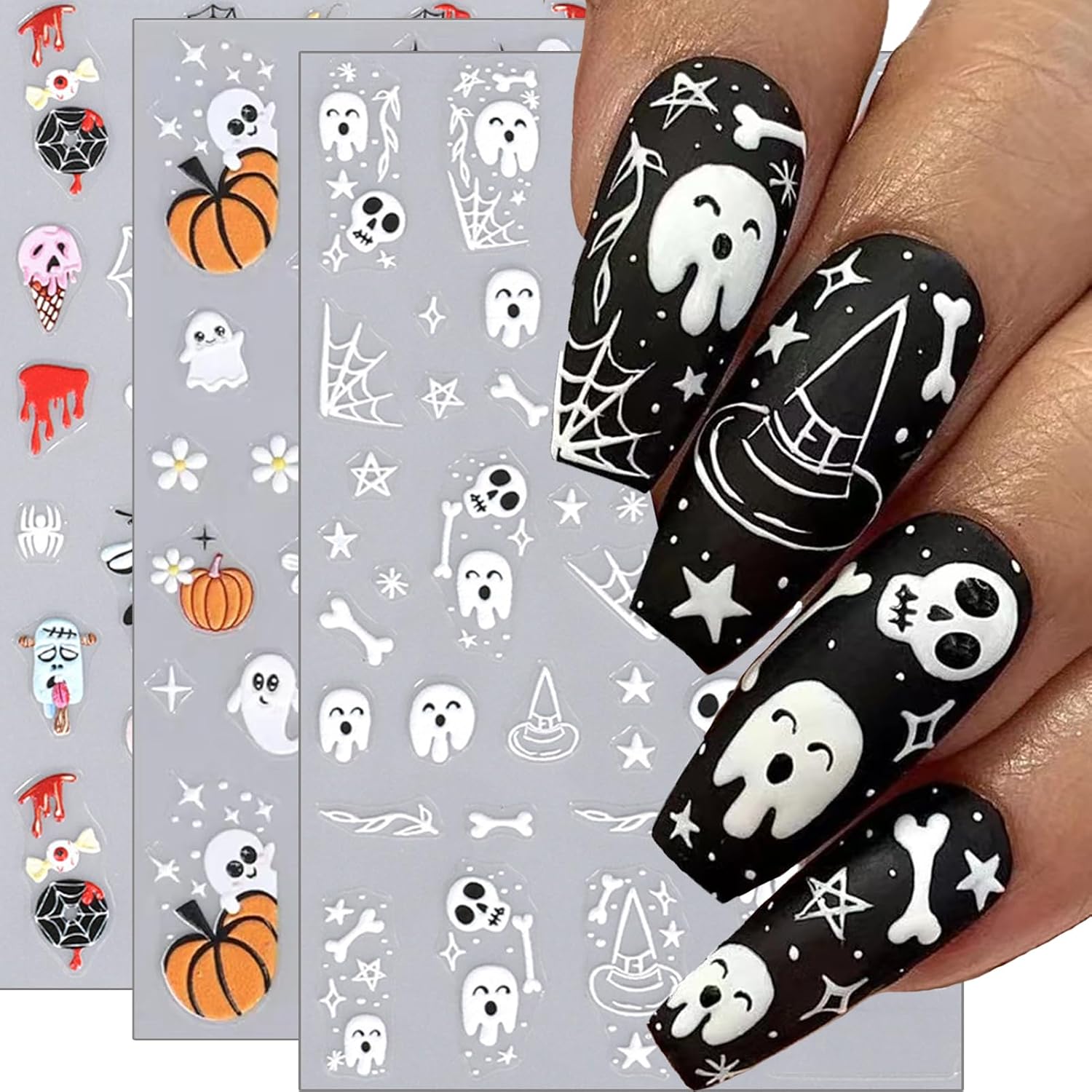 Halloween Nail Stickers - 5D Embossed Pumpkin & Spider Web Designs