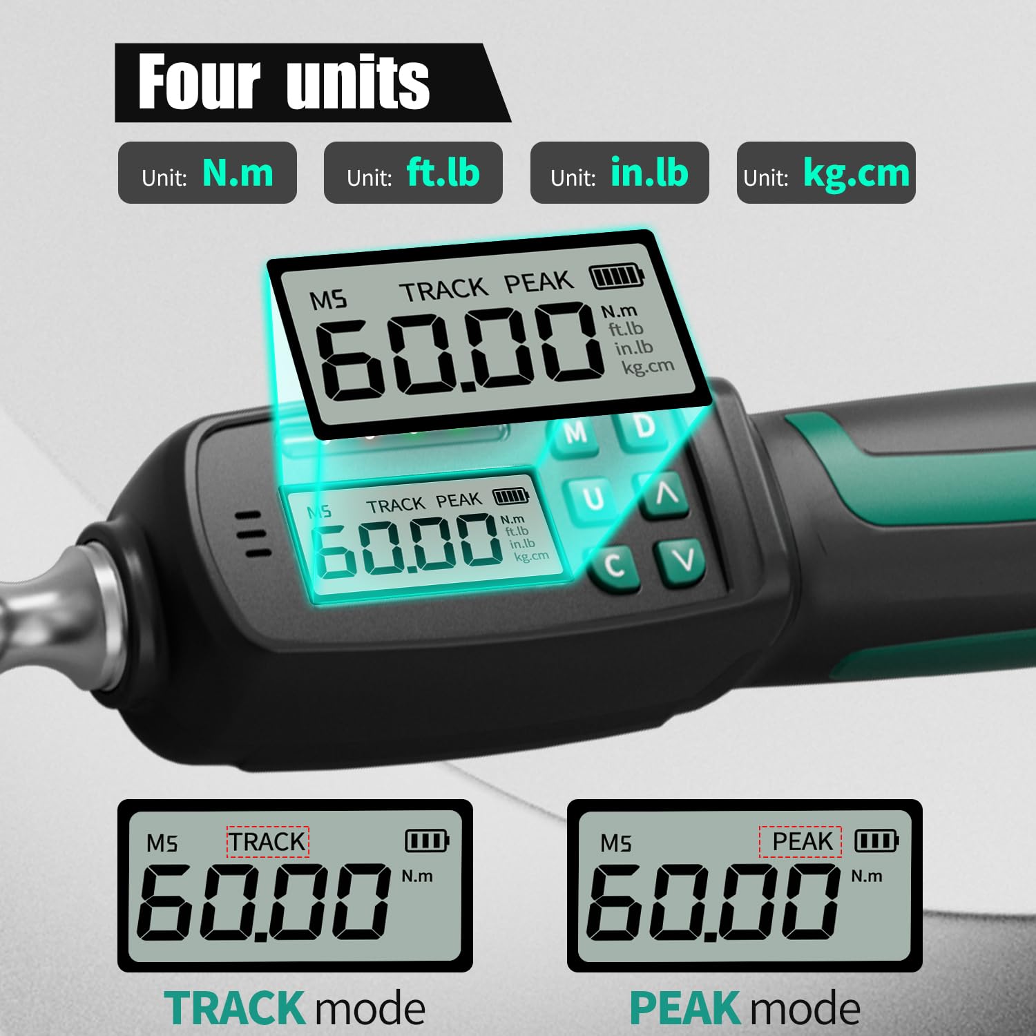 Llave dinamométrica digital, 3/8 pulgadas - 2.21-44.22 pies / 3-60 Nm - ± 2% de precisión - Valores preestablecidos 999 juegos - 72 dientes - Cabeza fija - Grado ajustable - Juego de herramientas