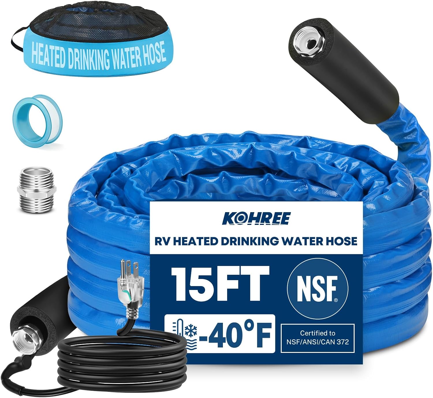 Kohree 15 FT Heated Water Hose for RV, -40 ℉ Freeze Protection