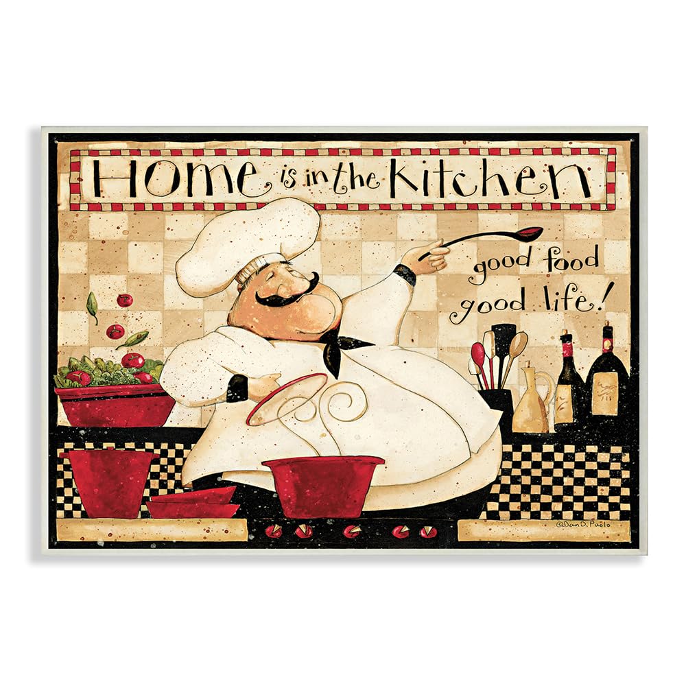 Stupell Industries Home is The Kitchen Phrase Charming Vintage Chef, Design by Dan DiPaolo Wall Plaque, 13x19, Tan