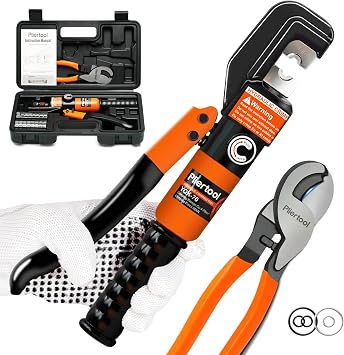 10 Ton Hydraulic Battery Cable Crimper with 9 Dies - Hydraulic Crimper Tool with Dual-Blade Weir Cutter & Spring-Loaded Handle Crimper Kit for 12-2/0 AWG, 1/8" Stainless Steel Railing