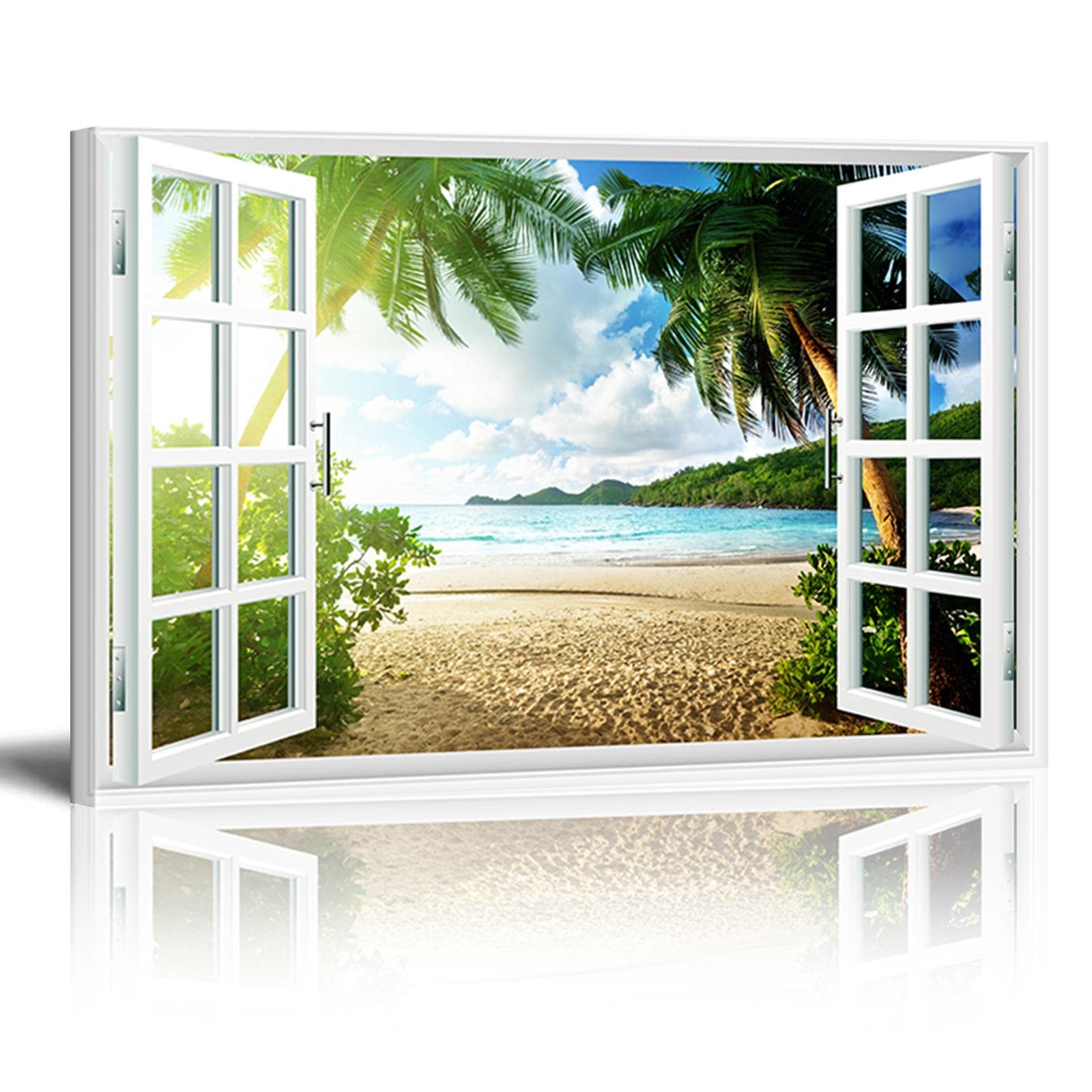 HOLEILUCK 3D Seascape Beach Fake Windows Canvas Print Wall Art Large Wall Pictures for Living Room Stretched and Framed 95x70cm/38x28in With Frame — image 1