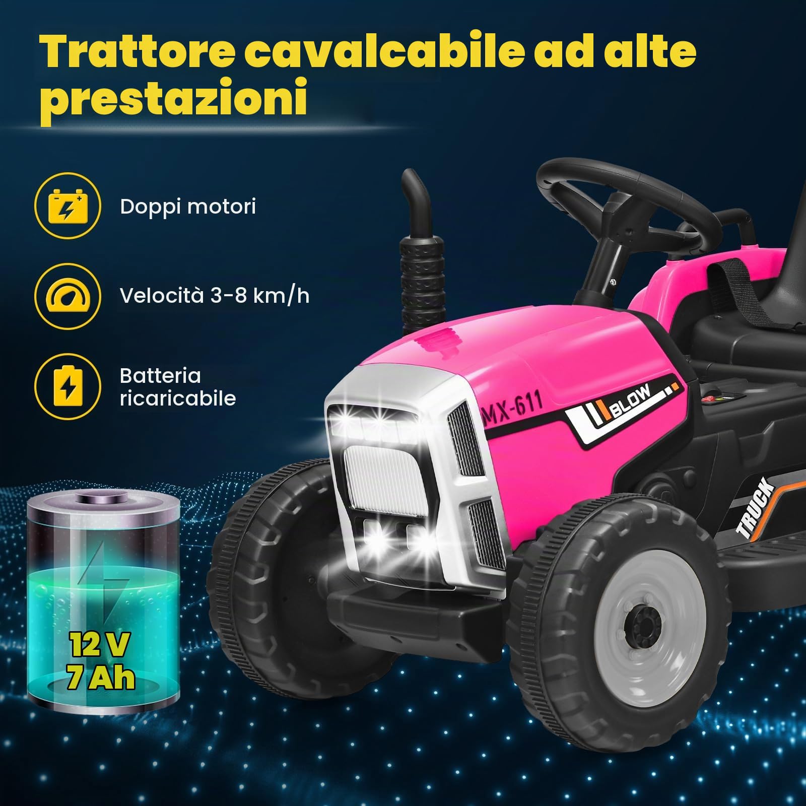 RELAX4LIFE Trattore Cavalcabile Elettrico per Bambini 12V a Batteria Ricaricabile con Telecomandato, Acceleratore a Pedale, Luci e Suoni e Rimorchio Rimovibile, 134 x 51 x 53 cm, Rosa