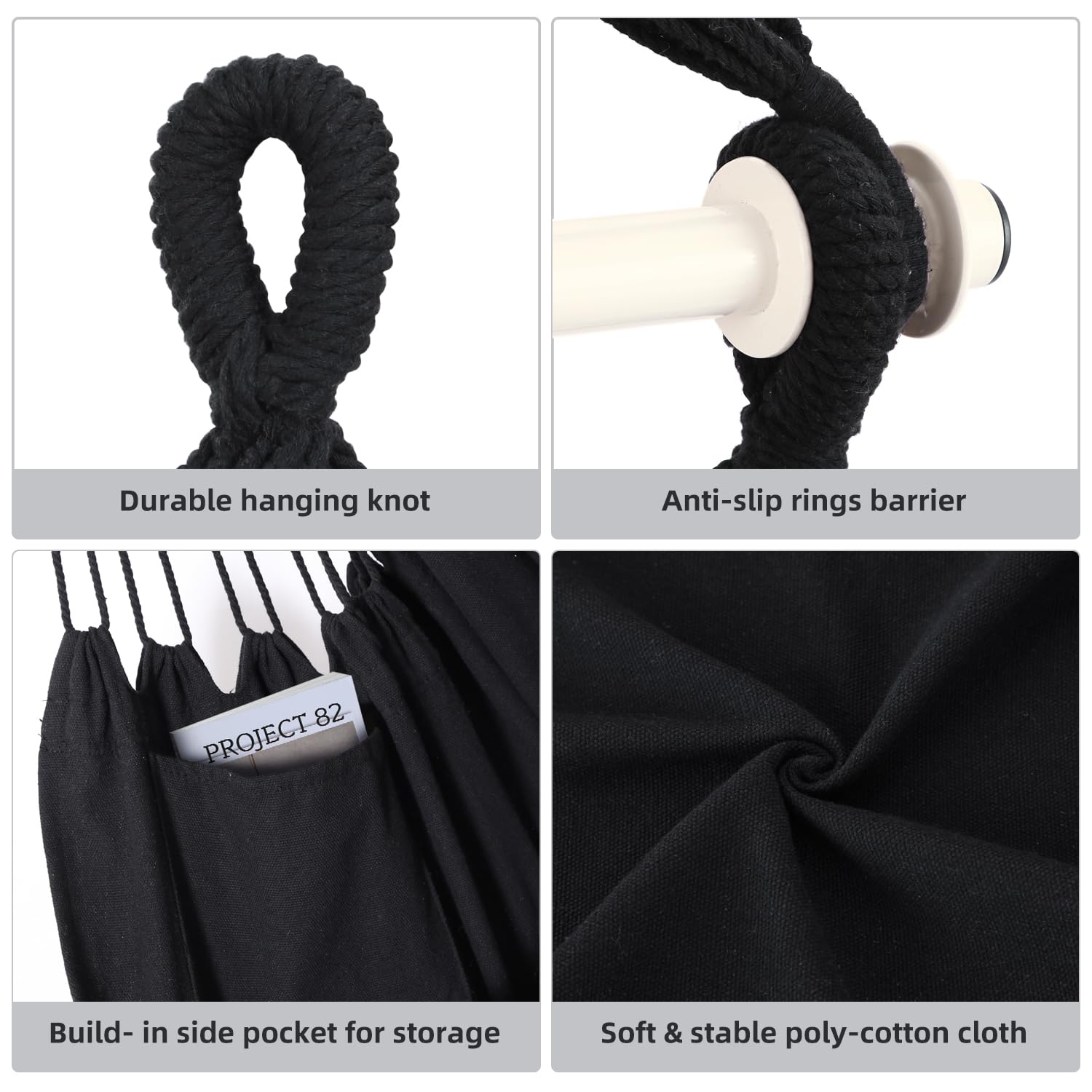 Ohuhu Sedie Sospese Sedia Amaca da Giardino con 2 Cuscini e Robuste Ganci kit, Sedia ad Altalena Sedia a Dondolo Sospesa Costruzione Robusta e Resistente per Balcone, Giardino, Portante 150kg (Nero)