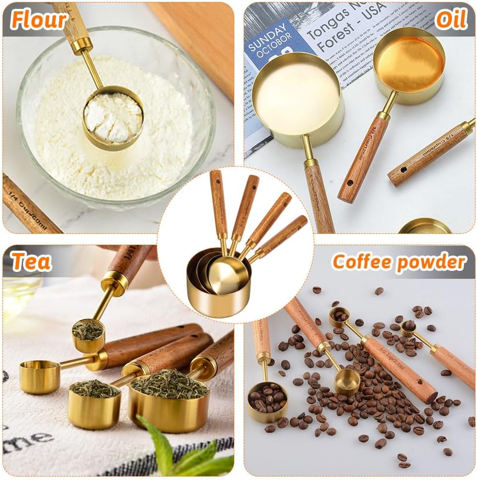 8 Piece Gold Measuring Cups and Spoons Set, Fragrant Wood Handle with Metric and US Measurements, Stainless Steel Measuring Cups for Kitchen, Cooking, Baking, Dry & Liquid