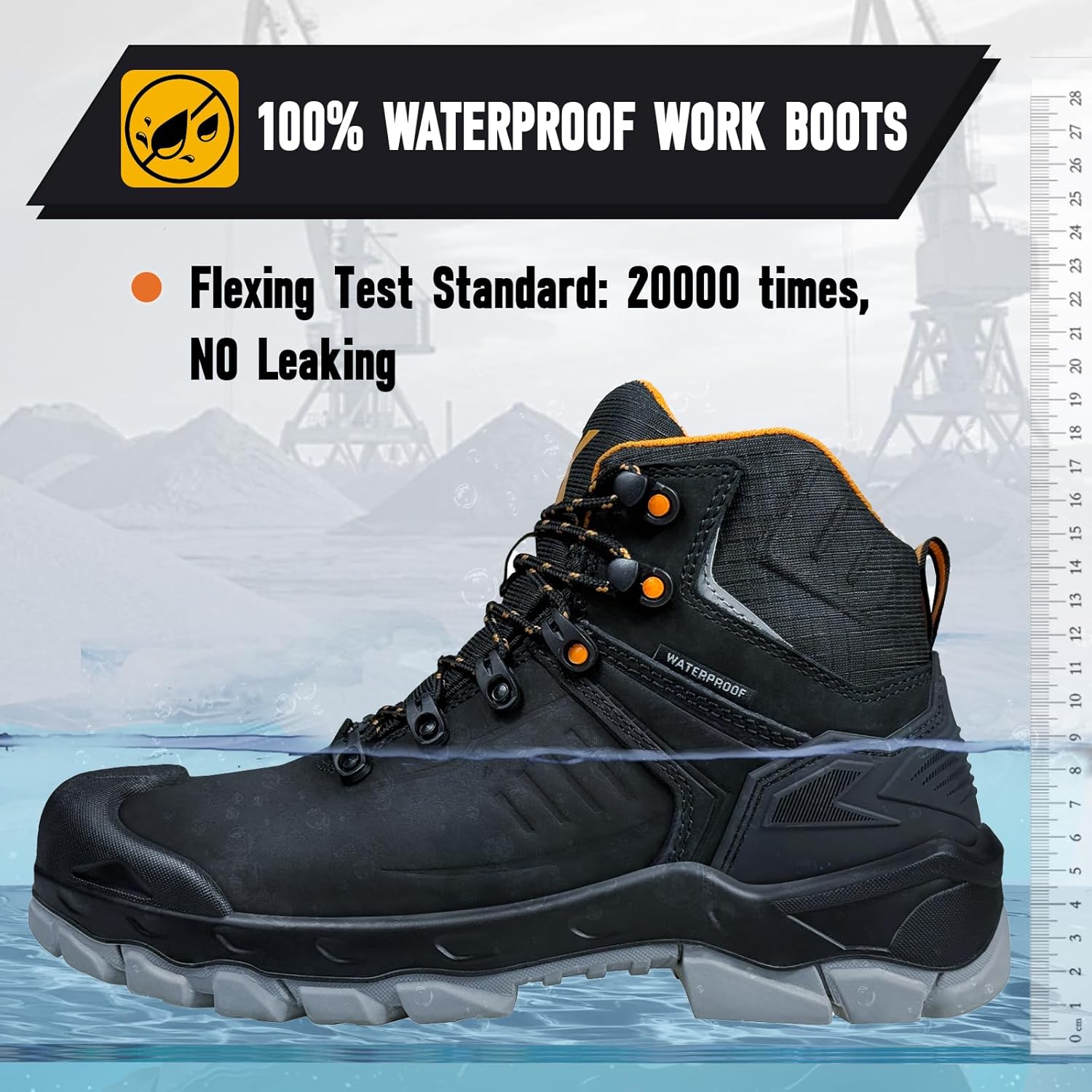 Composite Toe Boots - Waterproof Work Boots for Men, Genuine Leather Premium Nubuck, Puncture Proof, Oil Slip Resistant Rubber Outsole Safety Construction Shoes, EH, Breathable Lining