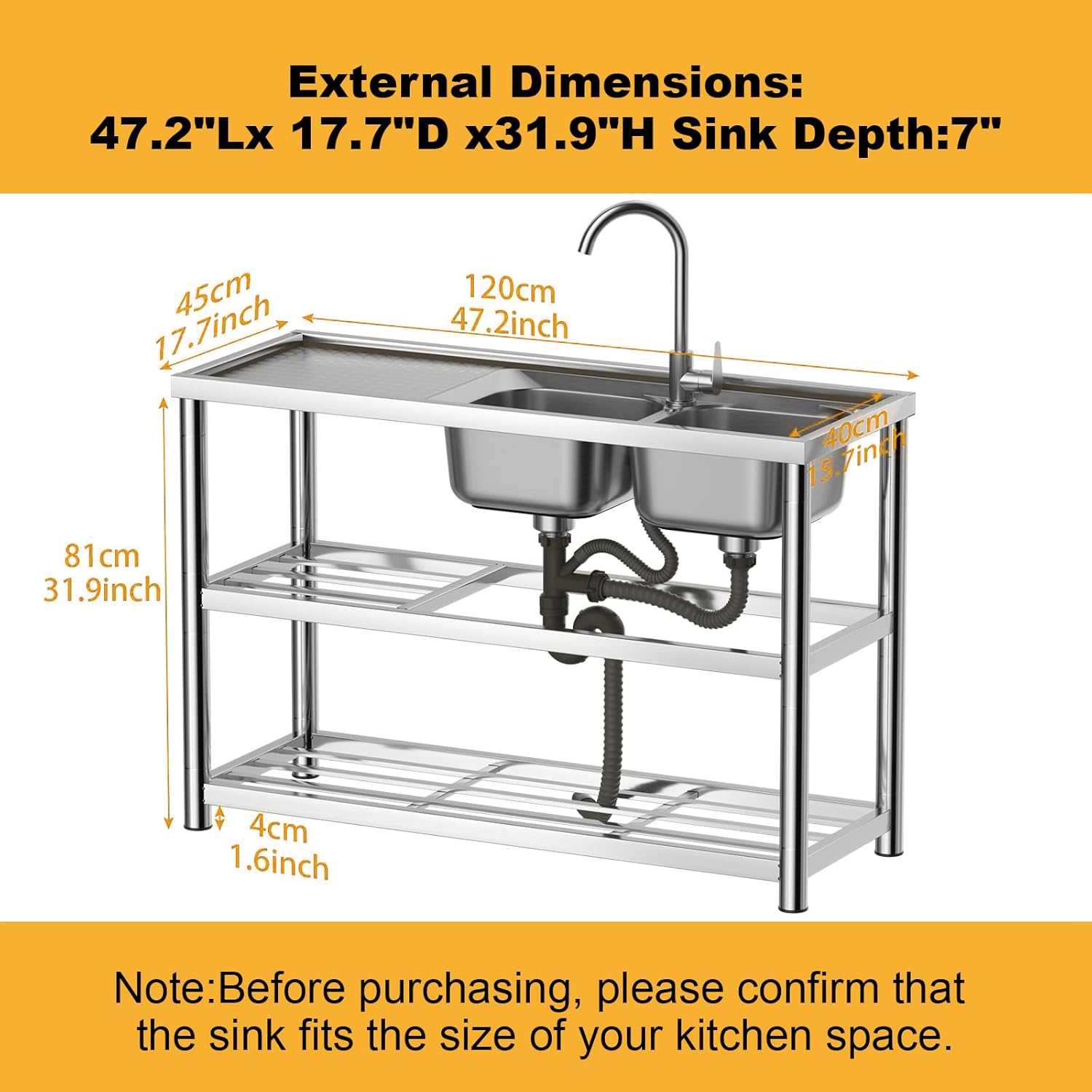 304 Stainless Steel Utility Sink, Free Standing Double Bowl Kitchen Sink, Suit for Commercial,Restaurant, Indoor & Outdoor (47 inch)