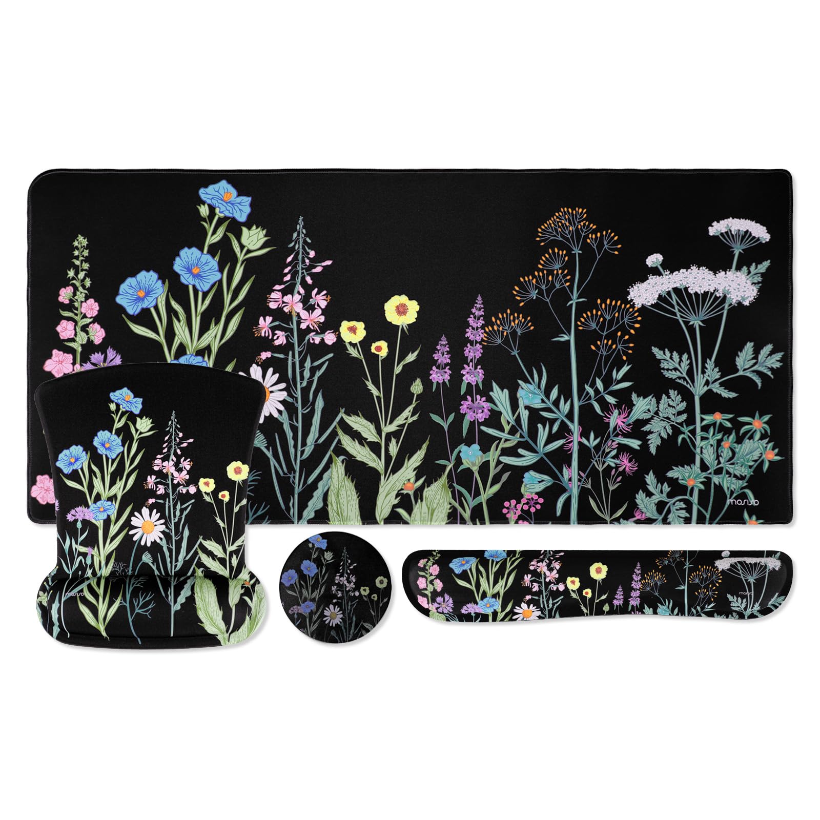 MOSISO Keyboard Mouse Pad Set, Large Gaming Mousepad&Keyboard Wrist Rest&Mouse Pad with Wrist Rest&Coaster, Vivid Flower Ergonomic Non-Slip Mousepad with Raised Memory Foam for Home Office, Black