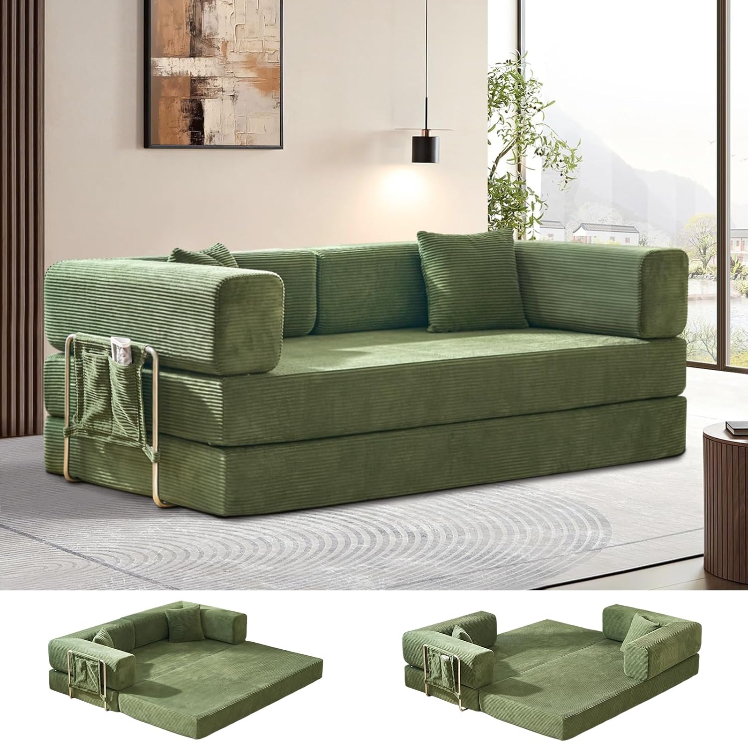 Cloud Sofa for Small Living Room - Trendy Multifunctional Foldable Extendable Storage Couch Bed, Cream White Striped Fabric, Space-Saving Convertible Furniture for Living Room (Olive Green, 80.15)