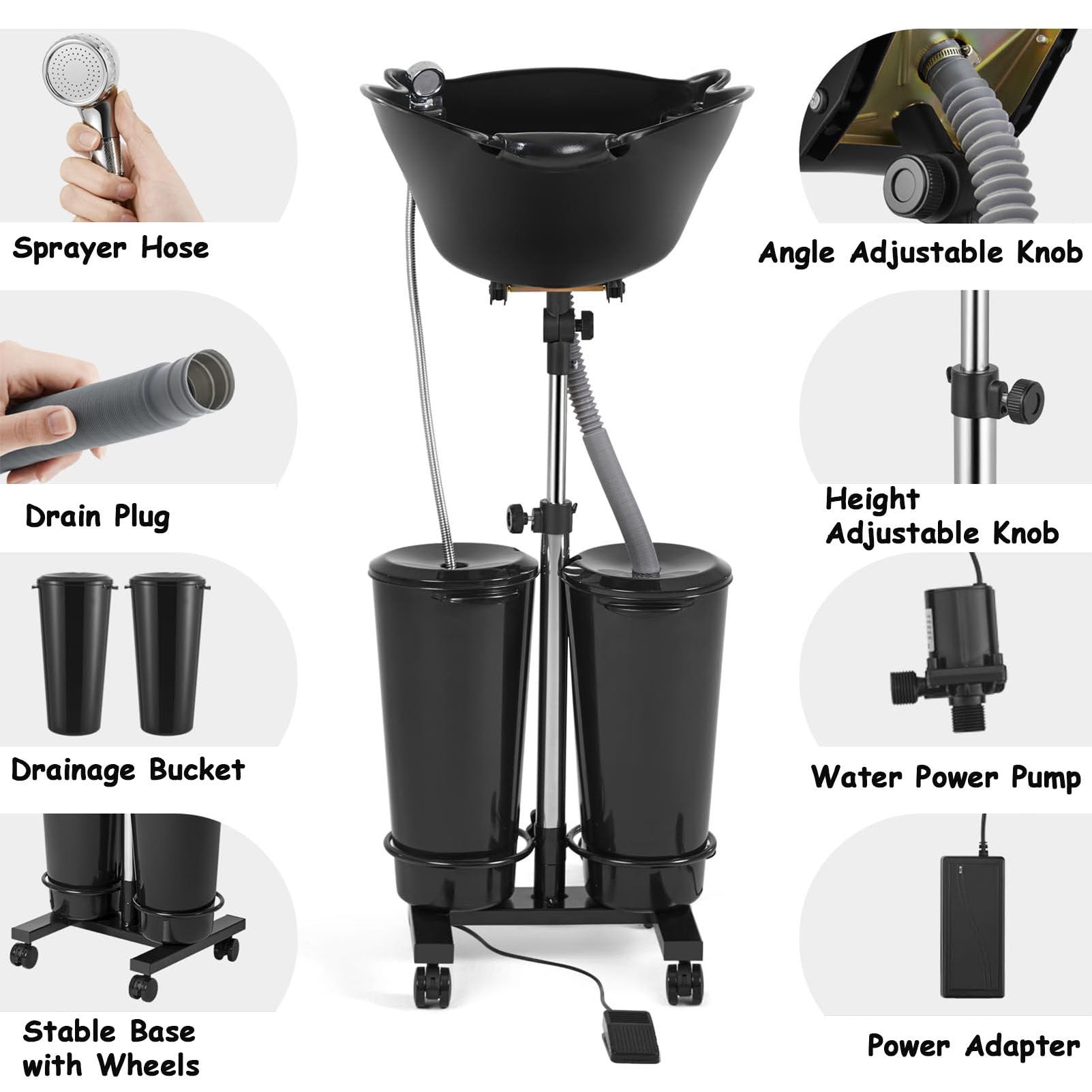 Lavabo móvil portátil para salón, lavacabezas profundo con bomba eléctrica, altura ajustable, bandejas para lavar el cabello con 2 cubos y mangueras de drenaje para niños, ancianos, maternidad,B