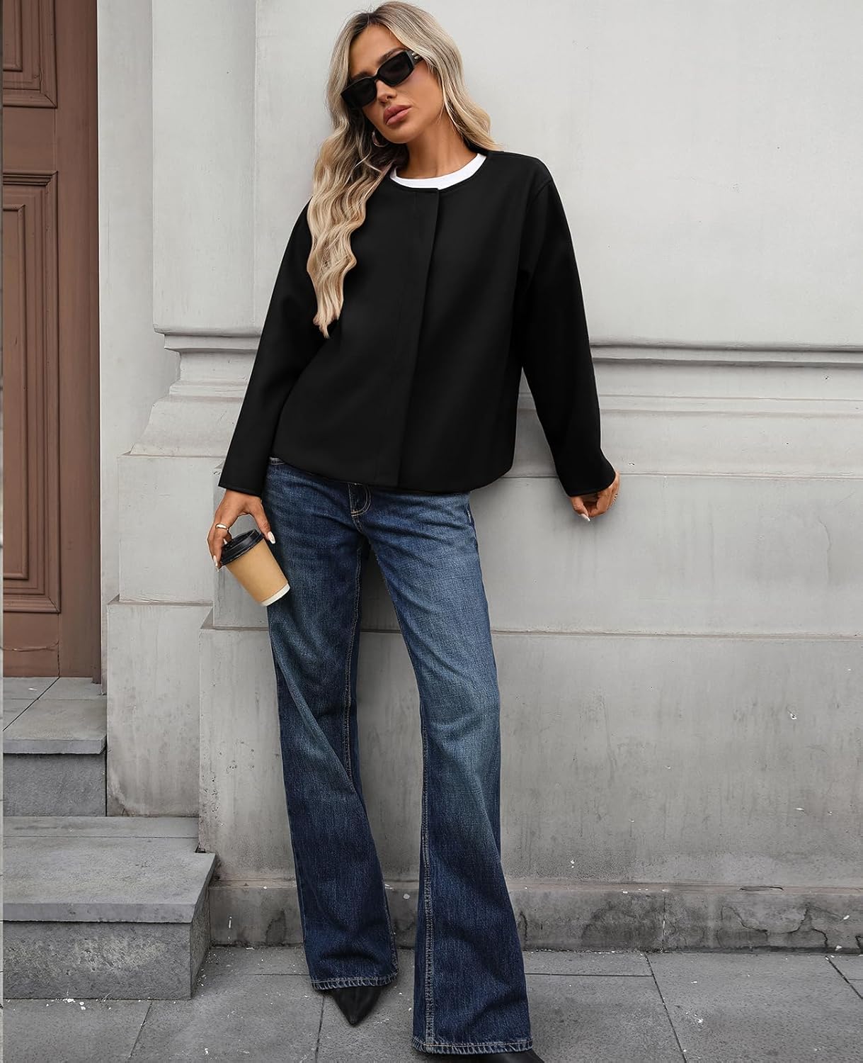 Womens cropped pea coat Long Sleeve Button Down wool coats short jackets Outerwear - Image 4