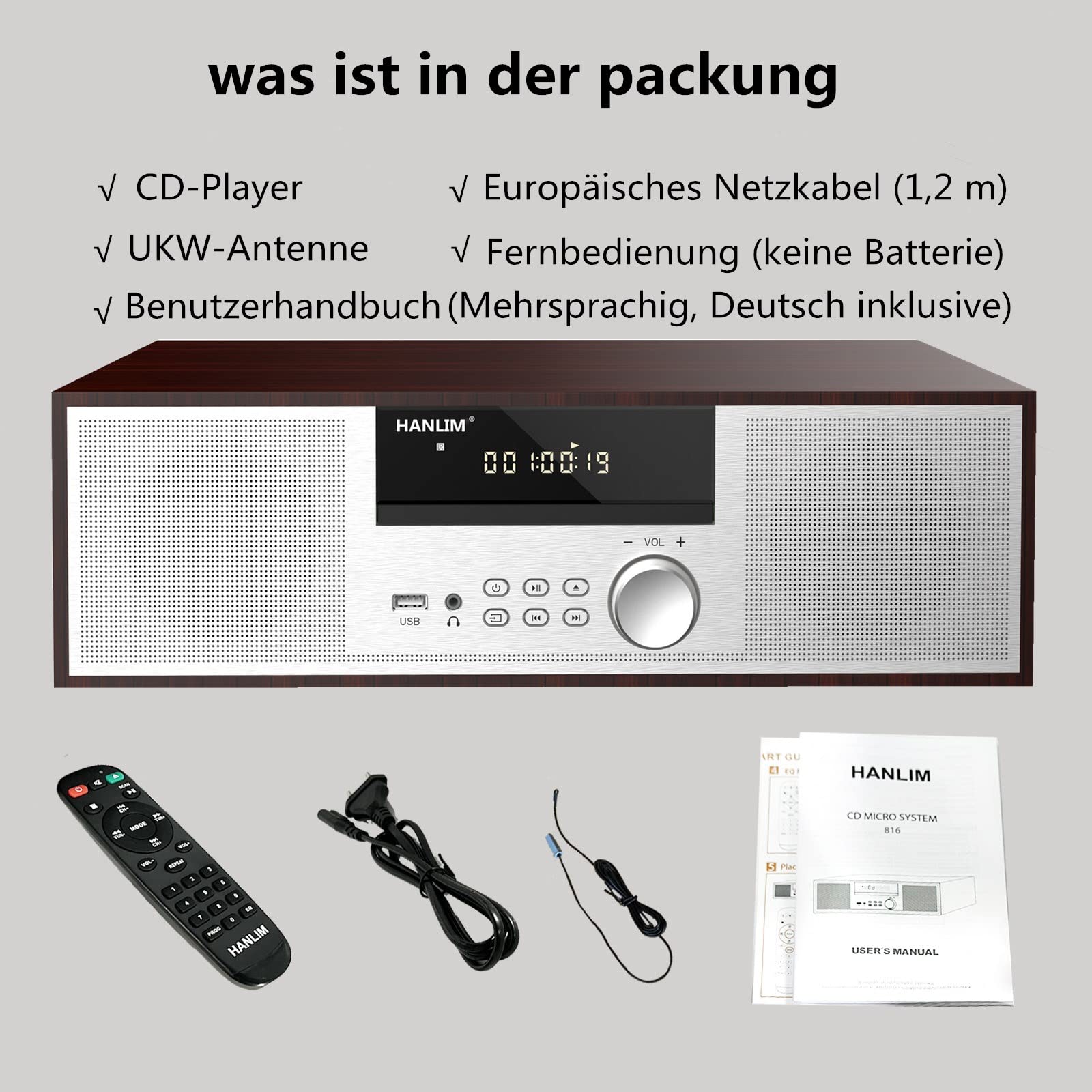 Jahrgang Micro HiFi-System CD-Stereoanlage Mini-Komponente 40W RMS CD-Player UKW/Bluetooth-kompatibel/USB/AUX/Fernbedienung/Kopfhörerbuchse Kompatibel mit hochauflösender Klangquelle,Silber,hölzern