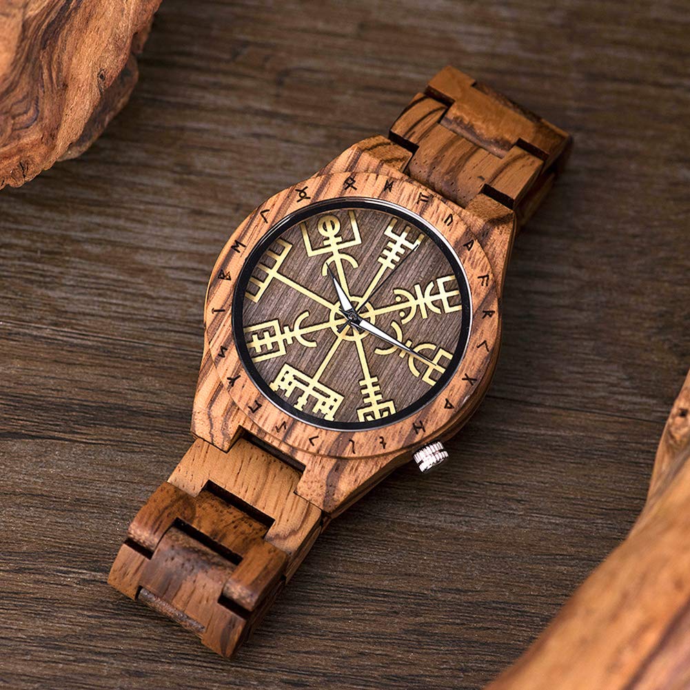 Orologio Uomo In Legno Con Runa Vichinga Vegvisir - Cinturino Regolabile - Regalo Unisex