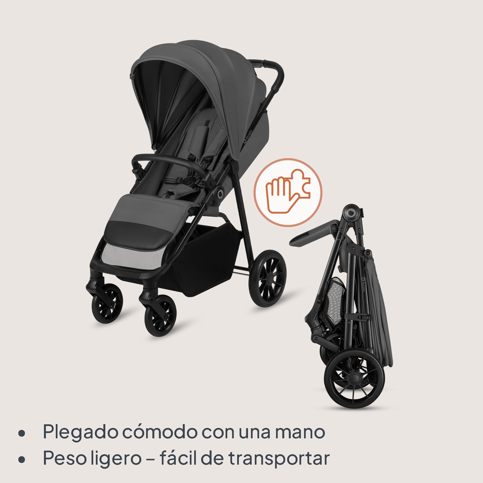 Lionelo Silla de Paseo Ligera Emerald hasta 22 kg de 6 m a 4 años Ruedas giratorias EVA 360° Plegado con una Sola Mano, Respaldo Ajustable Capota Impermeable UPF50+ Cesta grande
