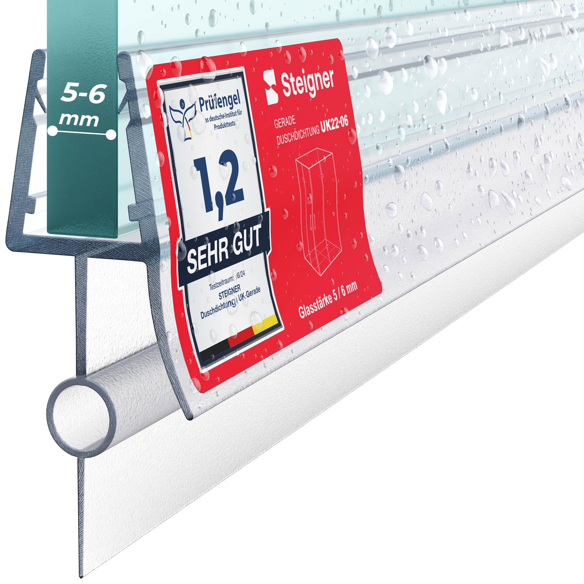 STEIGNER Junta de Ducha, Junta de Sellado, 100 cm, Espesor del Vidrio 5/6 mm, Junta Recta PVC, UK22-06