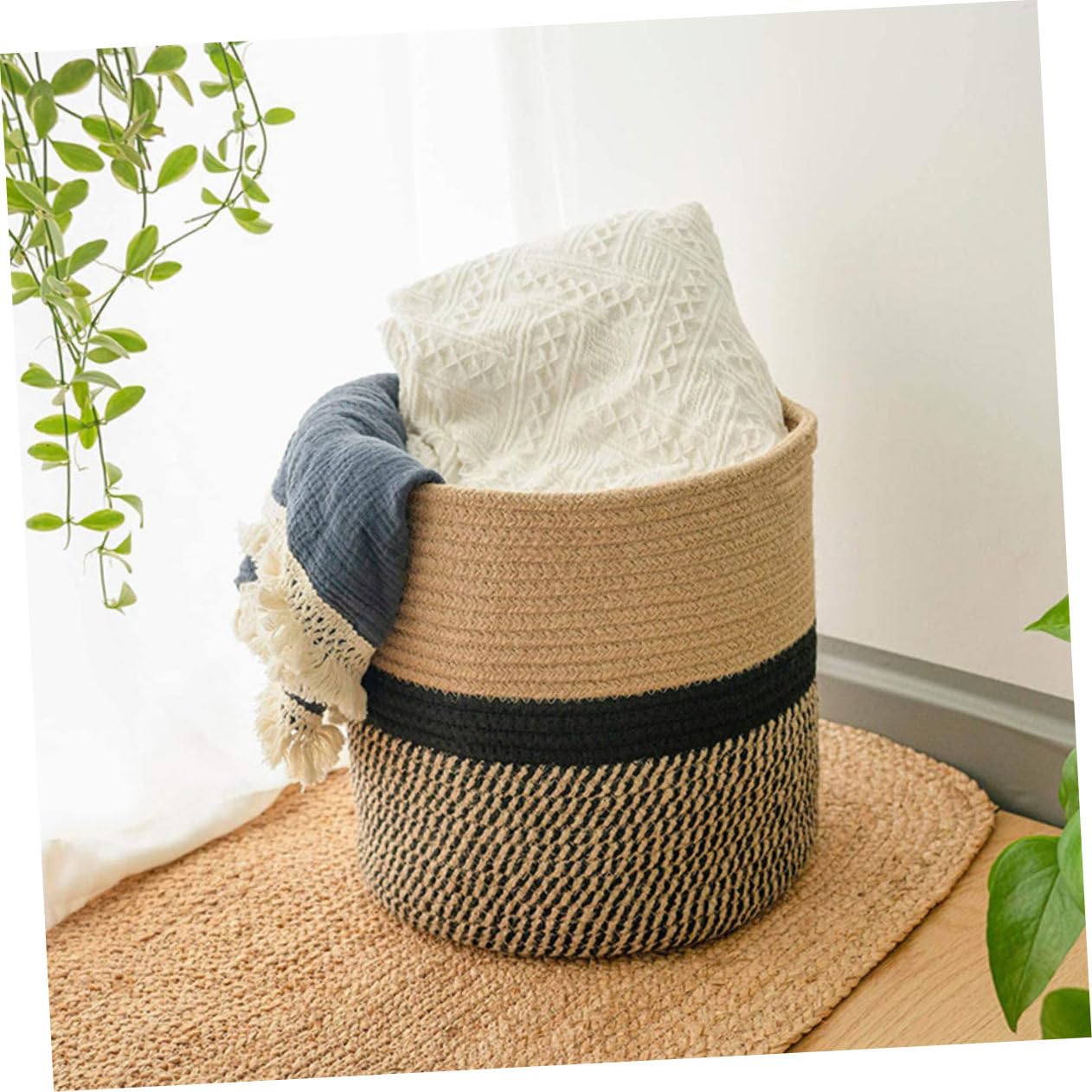 Cesta Organizadora Redonda en Color Amarillo y Negro de Algodón Gran Capacidad de Manera Práctica y Elegante para Almacenar Juguetes y Ropa