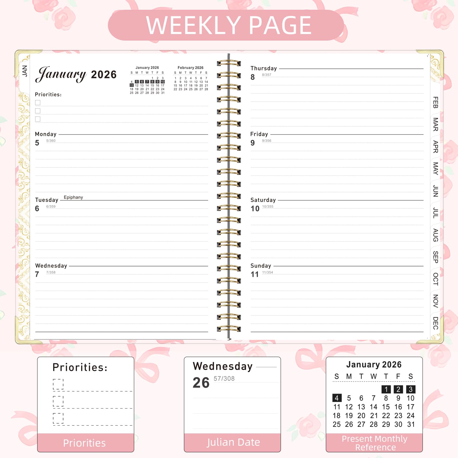 Knagsfa 2026 Monthly Planner, Jan.2026 - Dec.2026 Weekly Monthly Planner 6.25"x8.5" with Page Tabs, Calendar Hardcover with Inner Pocket, Elastic Band, Twin-Wire Binding, Bookmark, Bow Flower - Image 4