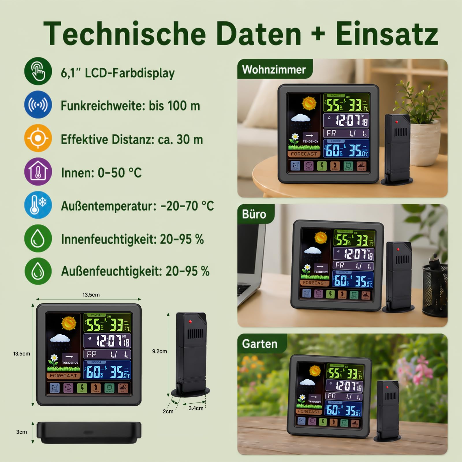 Wetterstation Funk mit Außensensor, 6.1 Zoll Touchscreen Farbdisplay mit Sperrfunktion, Innen Außen Thermometer Hygrometer, Wettervorhersage, Wecker mit Schlummerfunktion, Zuhause Garten Büro