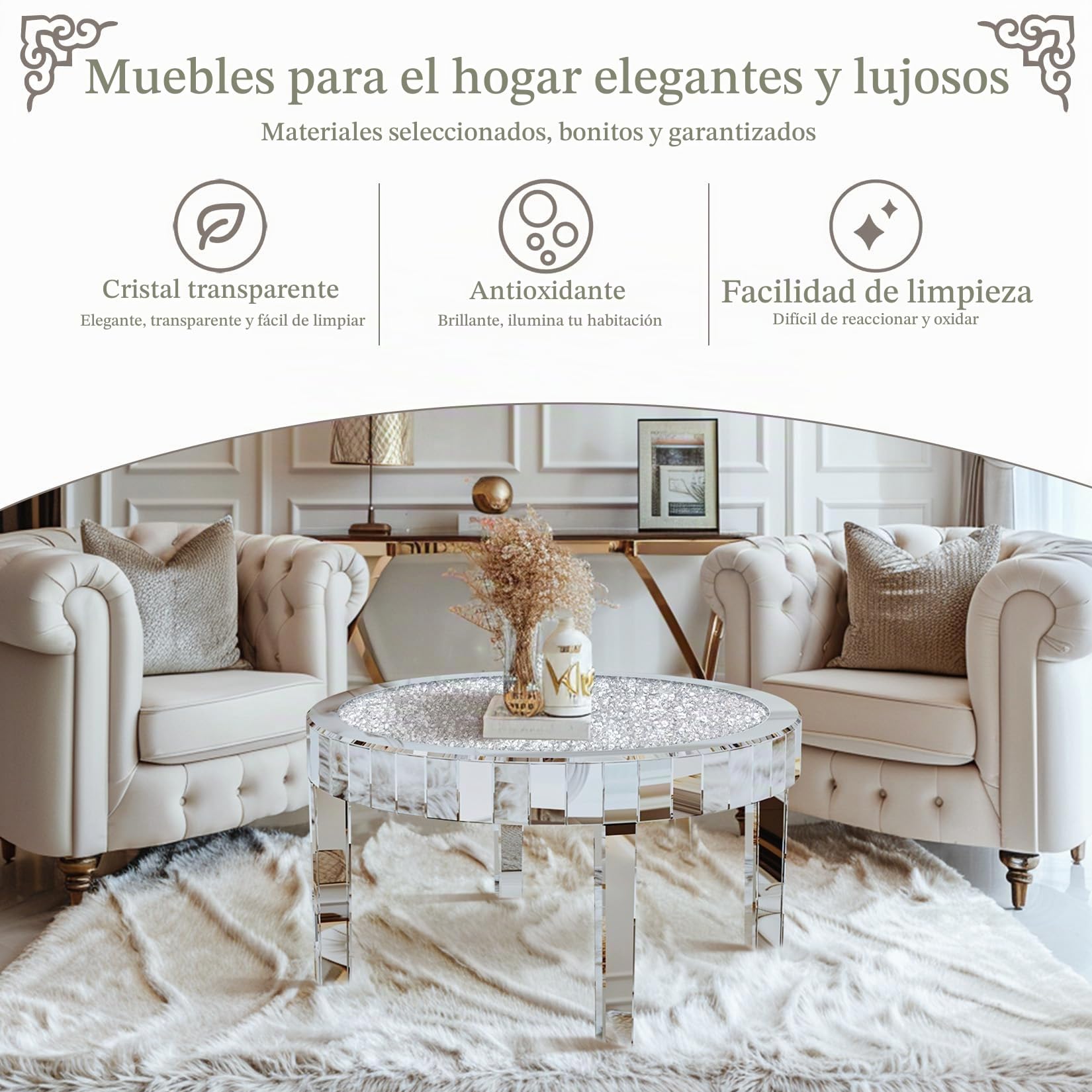 Mesa de Centro Redonda de Espejo y Diamantes: Mesa Cafe Baja Barroca Plateada Brillante Decorativas para Sofá Salón Habitacón Oficina 80x80x46cm