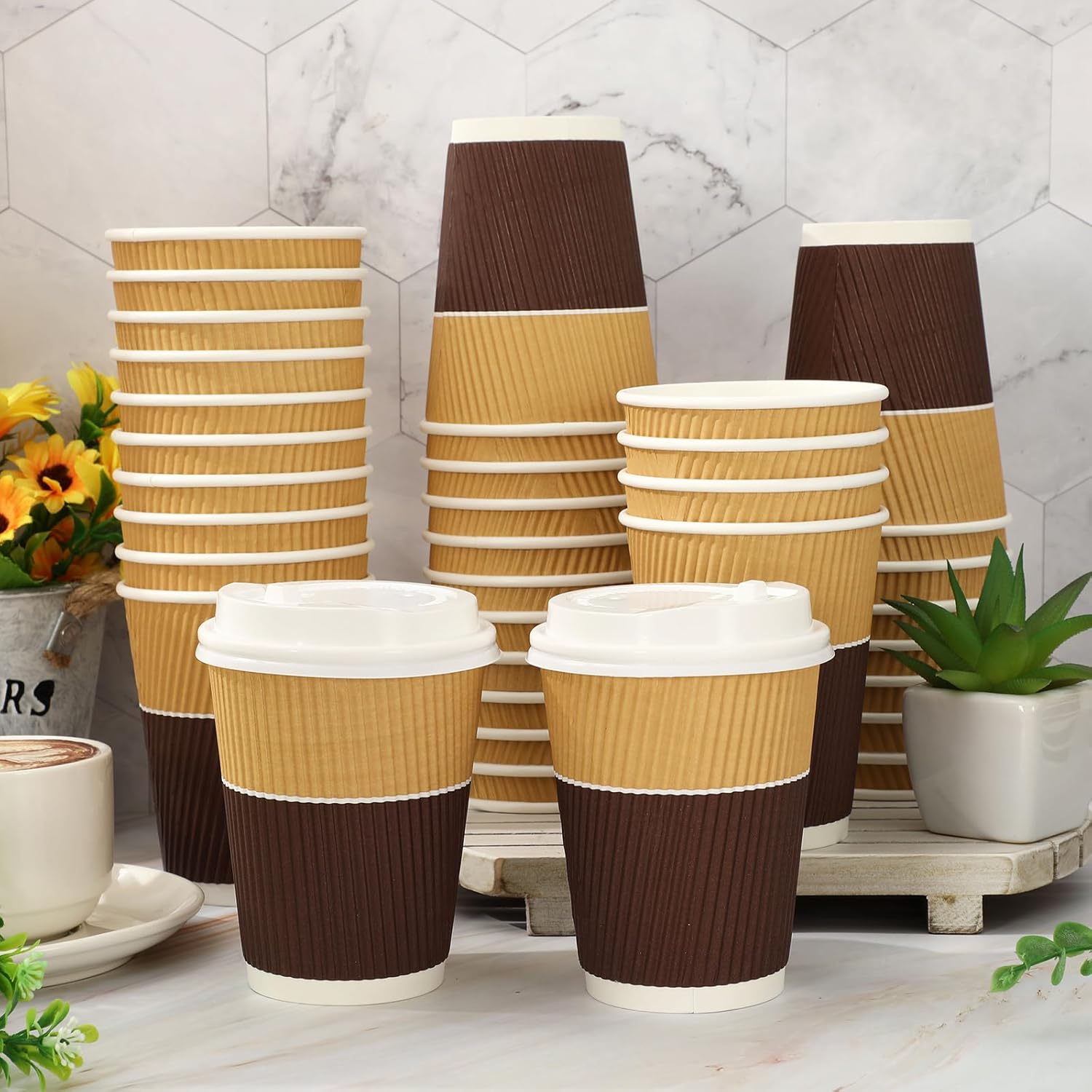 JarThenaAMCS 100 Pcs Fall Disposable Coffee Cups with Lids 12 Oz Brown White Paper Cups Corrugated Ripple Wall Insulated Hot Cups for Home Office Party Supplies - Image 4