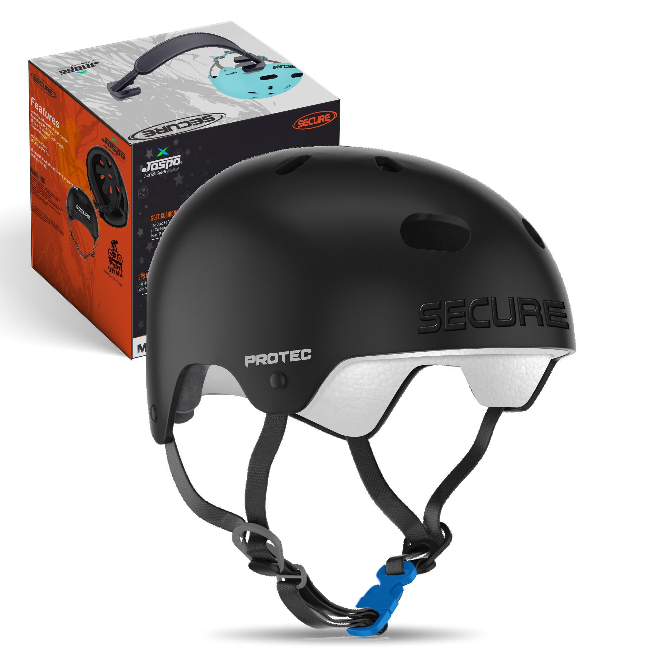 Jaspo Secure Sports Helmet for Cycling, Skating, Skateboarding - for All Age Groups (S, Black Matte)