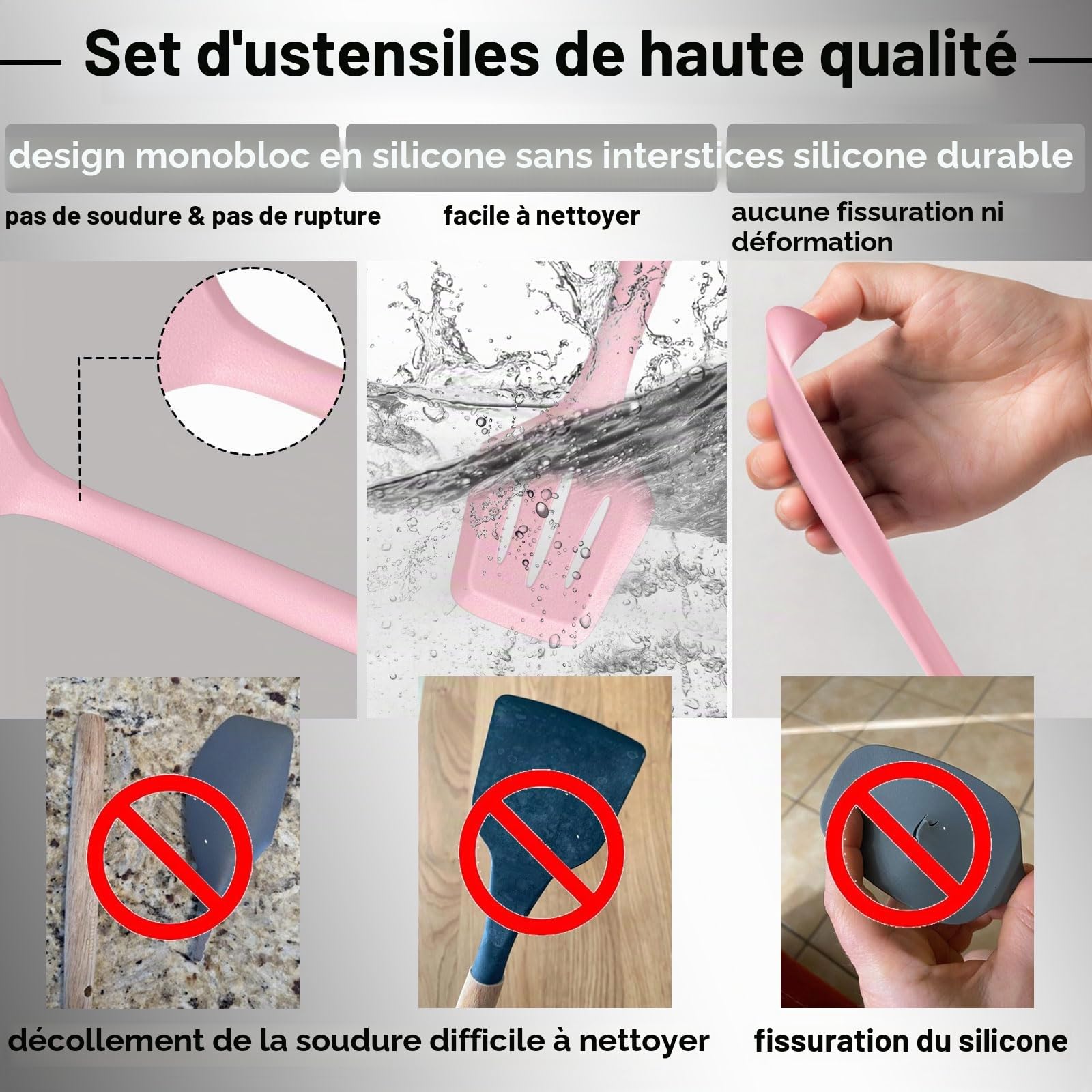 Lot de 22 ustensiles de cuisine en silicone, résistants à la chaleur, avec porte-ustensiles, sains et antiadhésifs, passent au lave-vaisselle, rose