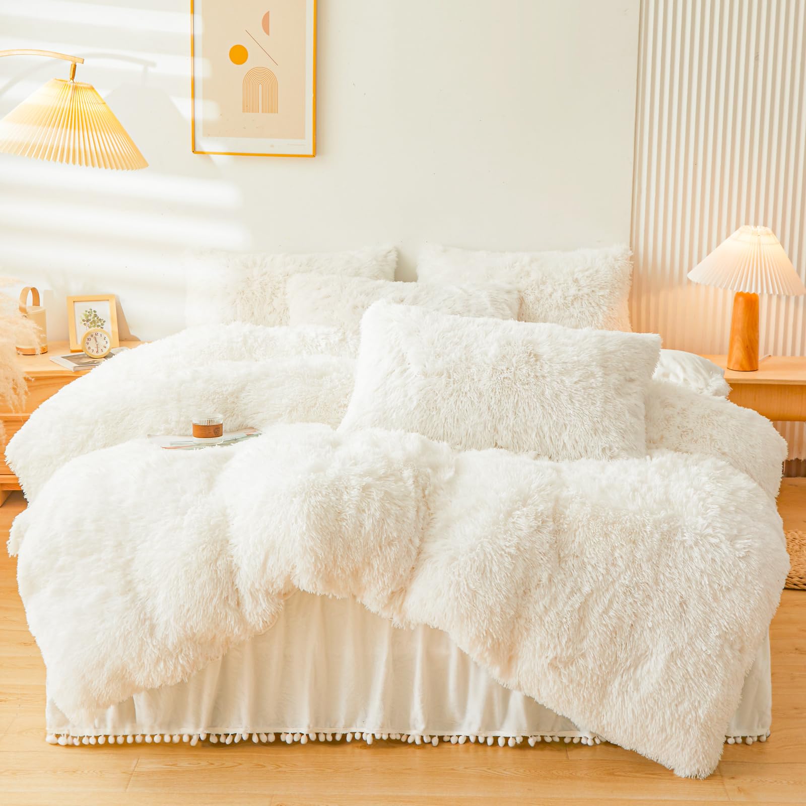ERLOXO Fluffy Beige Faux Fur Comforter Cover Set，Fluffy Fuzzy Plush Cream Bedding 3Pcs (1 Faux Fur Duvet Cover +2 Fuzzy Pillowcases) Plush Bed Set(
