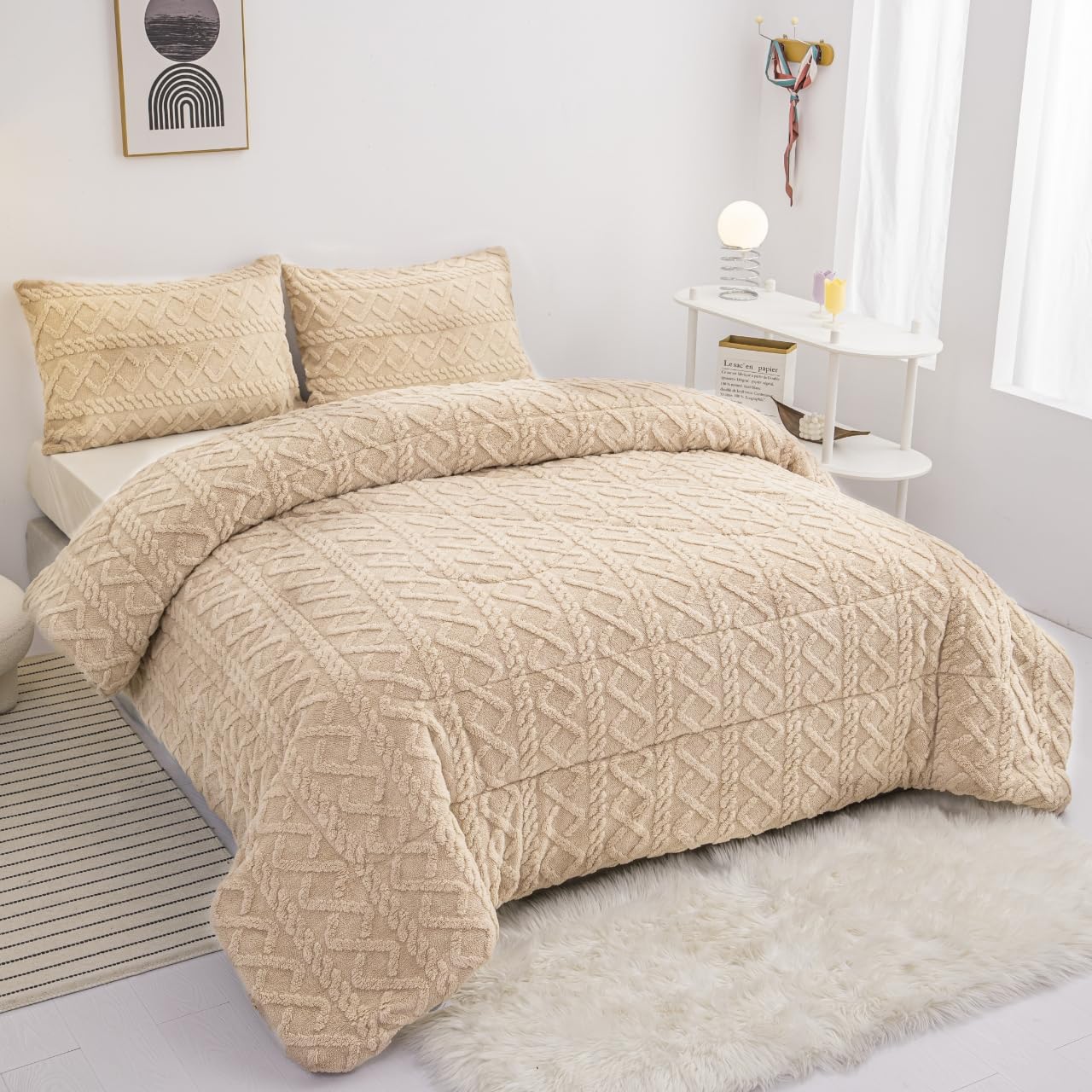 BESCH Edredón Invierno Borreguillo Nórdico 180x240cm para Cama 90/105 con 1 Funda Almohada - Edredón Borrego Sherpa Extra Suave, Cálido, Gruesa - Geométrica Beig