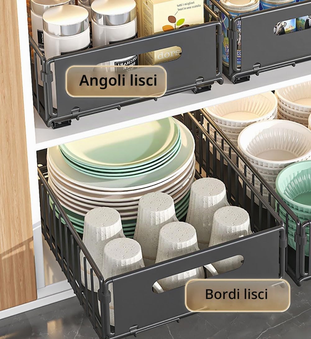 YunNasi Cassetto Estraibile Cucina Cassetto Telescopico Ripia Cassetti Scorrevole Armadio da Cucina Senza Bisogno di Trapano e Chiodi (Nero, 2 pezzo 38D X 25W X19H CM)