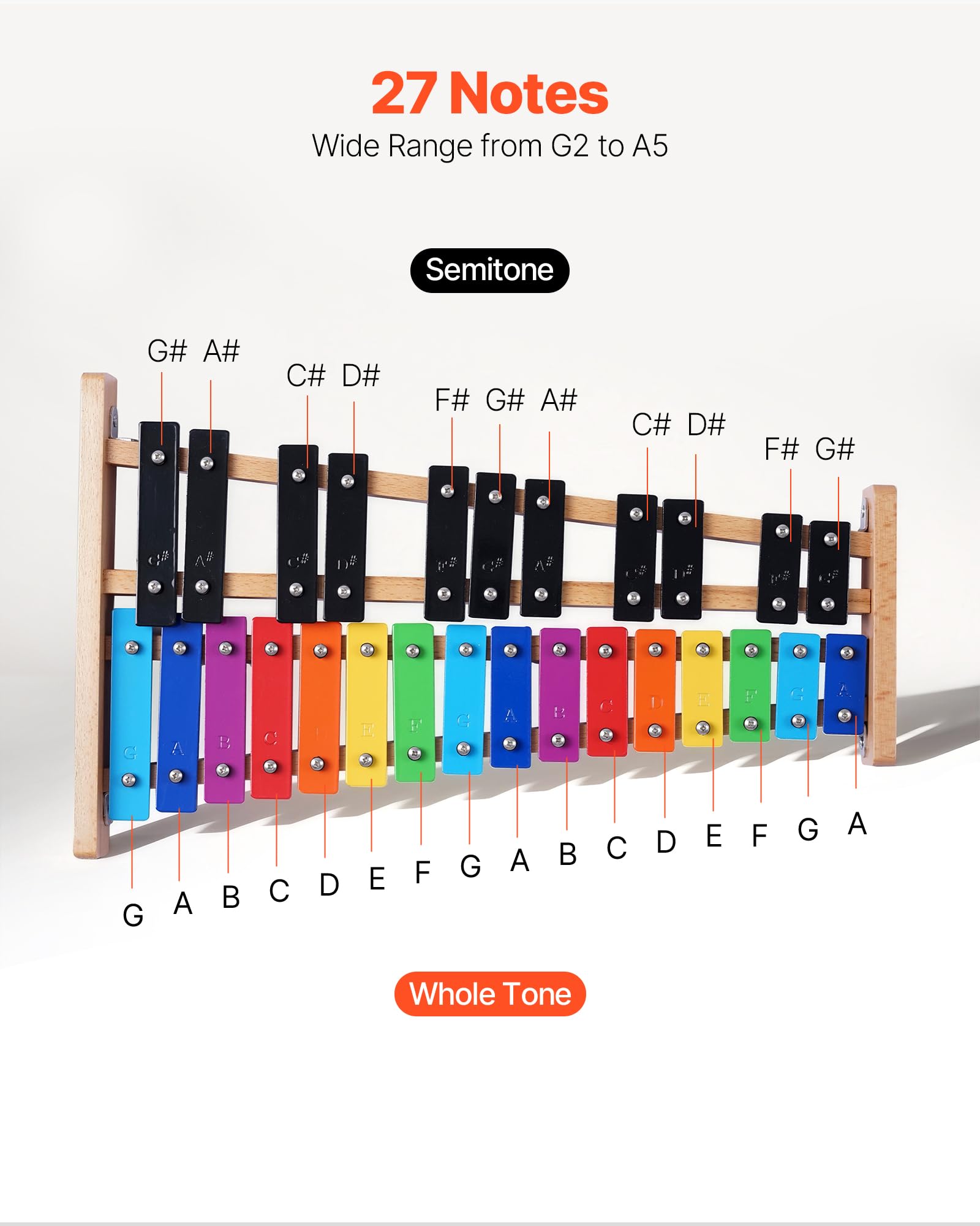 VEVOR Glockenspiel Diatonico Xilofono, 27 Note, Strumento a Percussione Professionale Xilofono, con Tasti Colorati in Metallo, con 4 Bacchette, Borsa per Trasporto, per Insegnamento